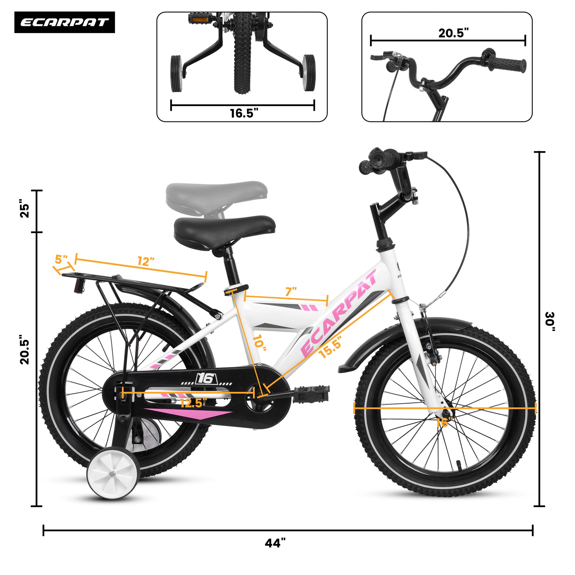 A16115 Kids Bike 16 Inch For Boys & Girls With Training Wheels, Freestyle Kids' Bicycle With Fender And Carrier. White Steel