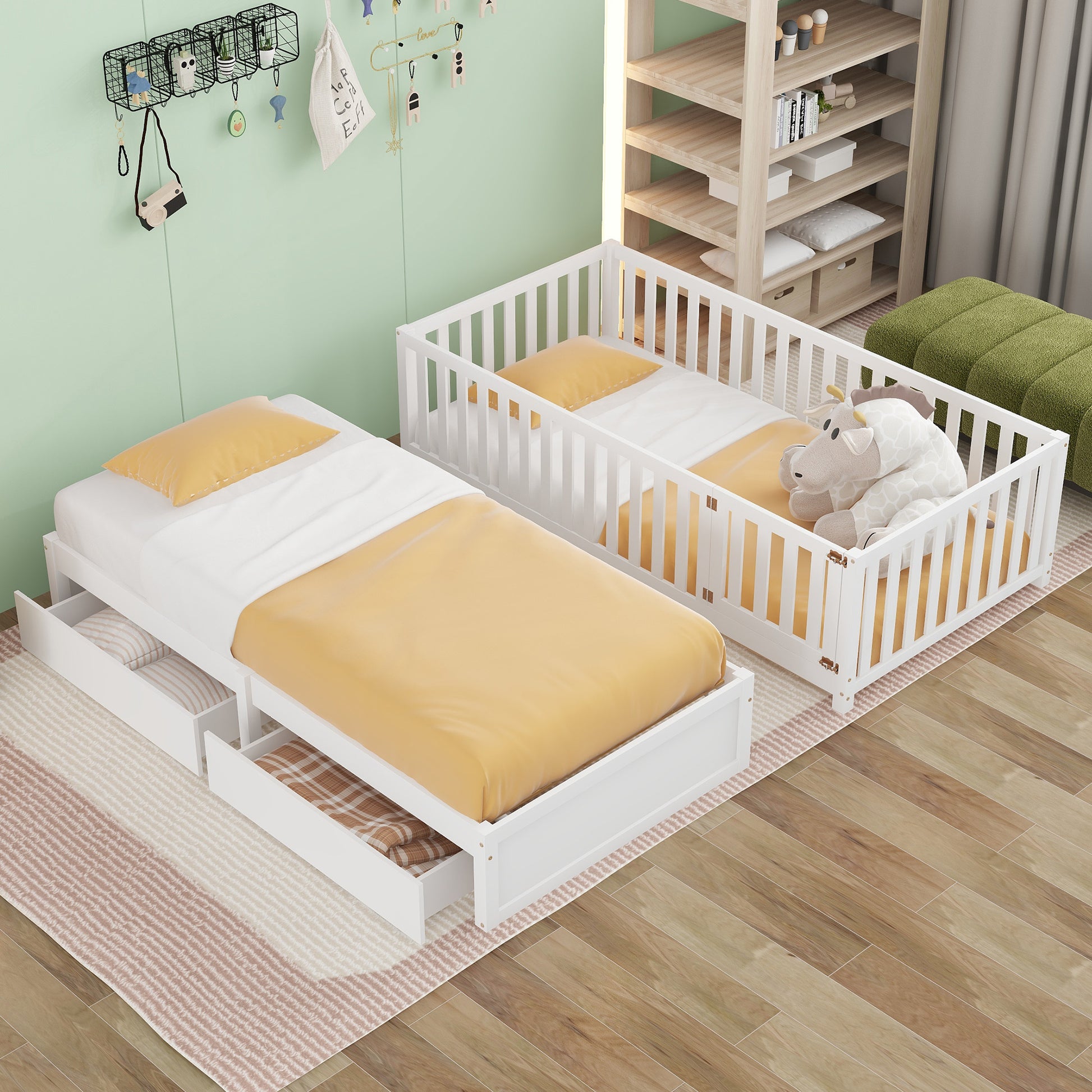 Twin Size Wood Daybed With Fence Guardrails And 2 Drawers, Split Into Independent Floor Bed & Daybed, White Old Sku :Lp000881Aak Twin White Solid Wood Mdf