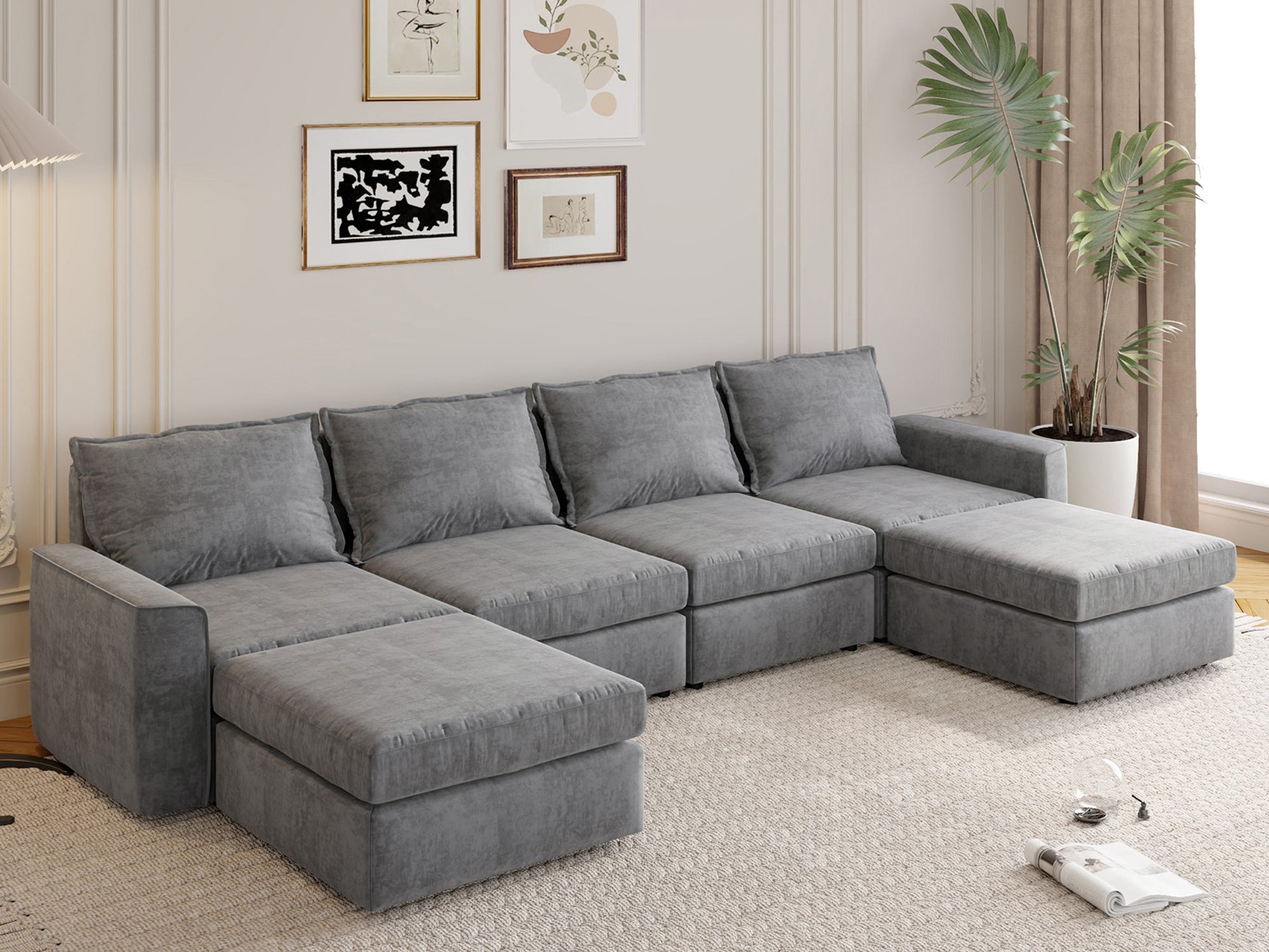 115*58" Chenille Modular Sectional Sofa,U Shaped Reversible Couch,Free Combination,6 Seat Sleeper Sofa Bed With Ottoman,Convertible Oversized Indoor Furniture For Living Room,Gray Gray Chenille 6 Seat