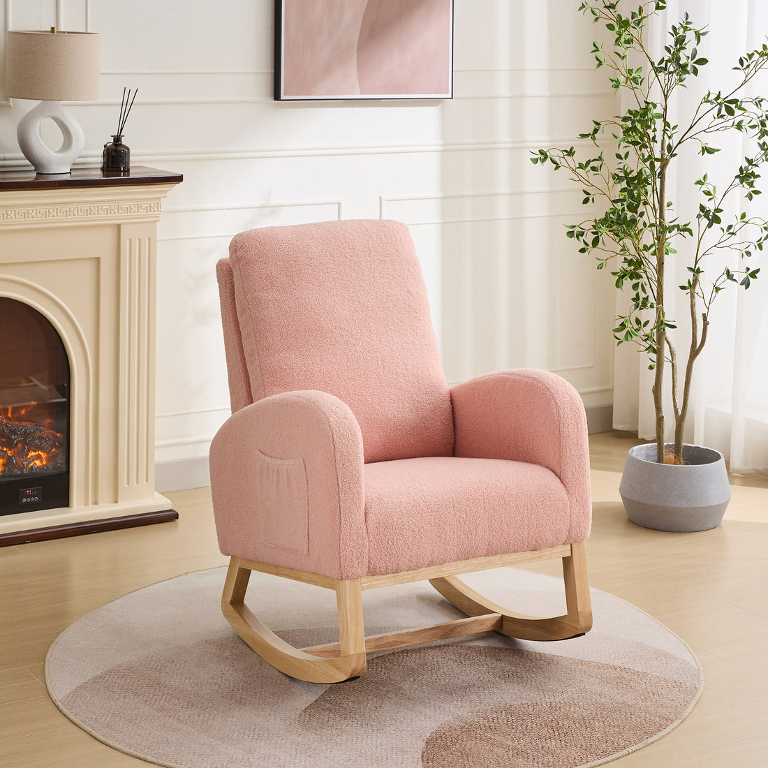 27.2"W Rocking Chair For Nursery, Sherpa Glider Chair With High Back And Side Pocket, Rocking Accent Armchair With Rubber Wood Legs For Living Room Bedroom.Pink Pink Sherpa