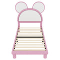 Twin Size Upholstered Platform Bed With Cartoon Ears Shaped Headboard And Led, White&Pink Box Spring Not Required Twin White Pink Bedroom Bed Frame Faux Leather Upholstered