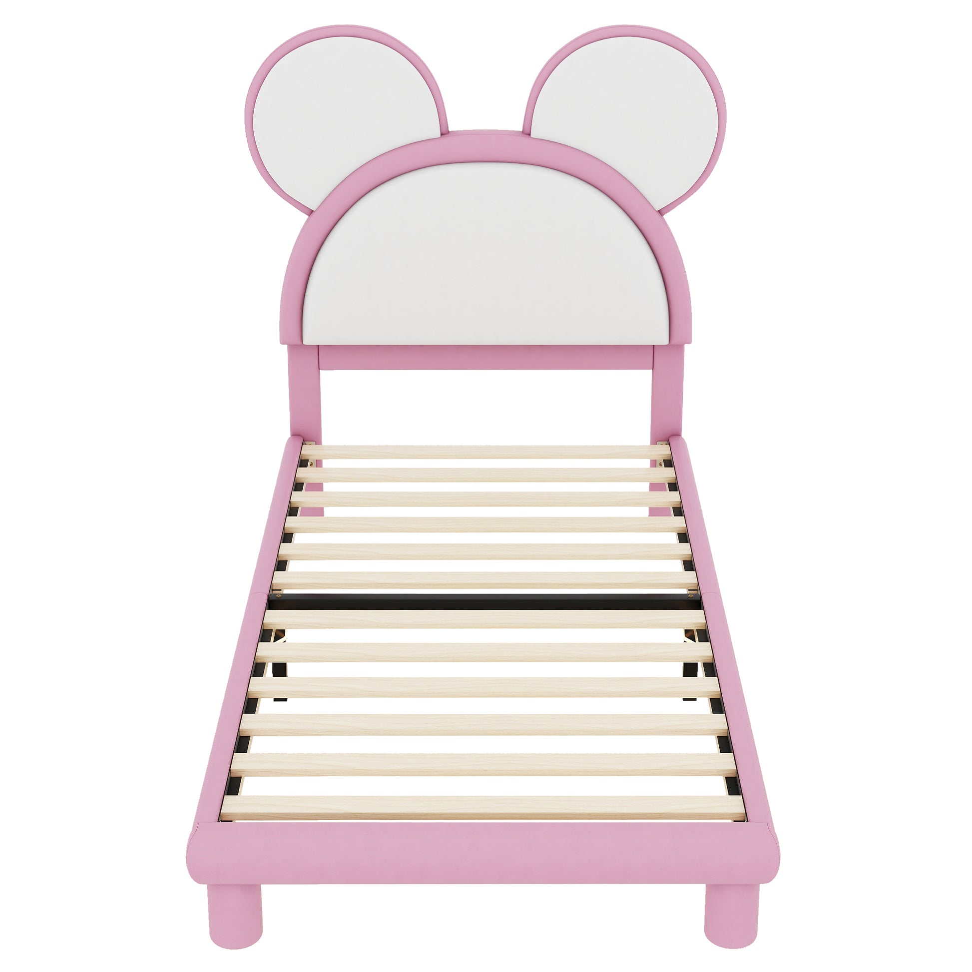 Twin Size Upholstered Platform Bed With Cartoon Ears Shaped Headboard And Led, White&Pink Box Spring Not Required Twin White Pink Bedroom Bed Frame Faux Leather Upholstered