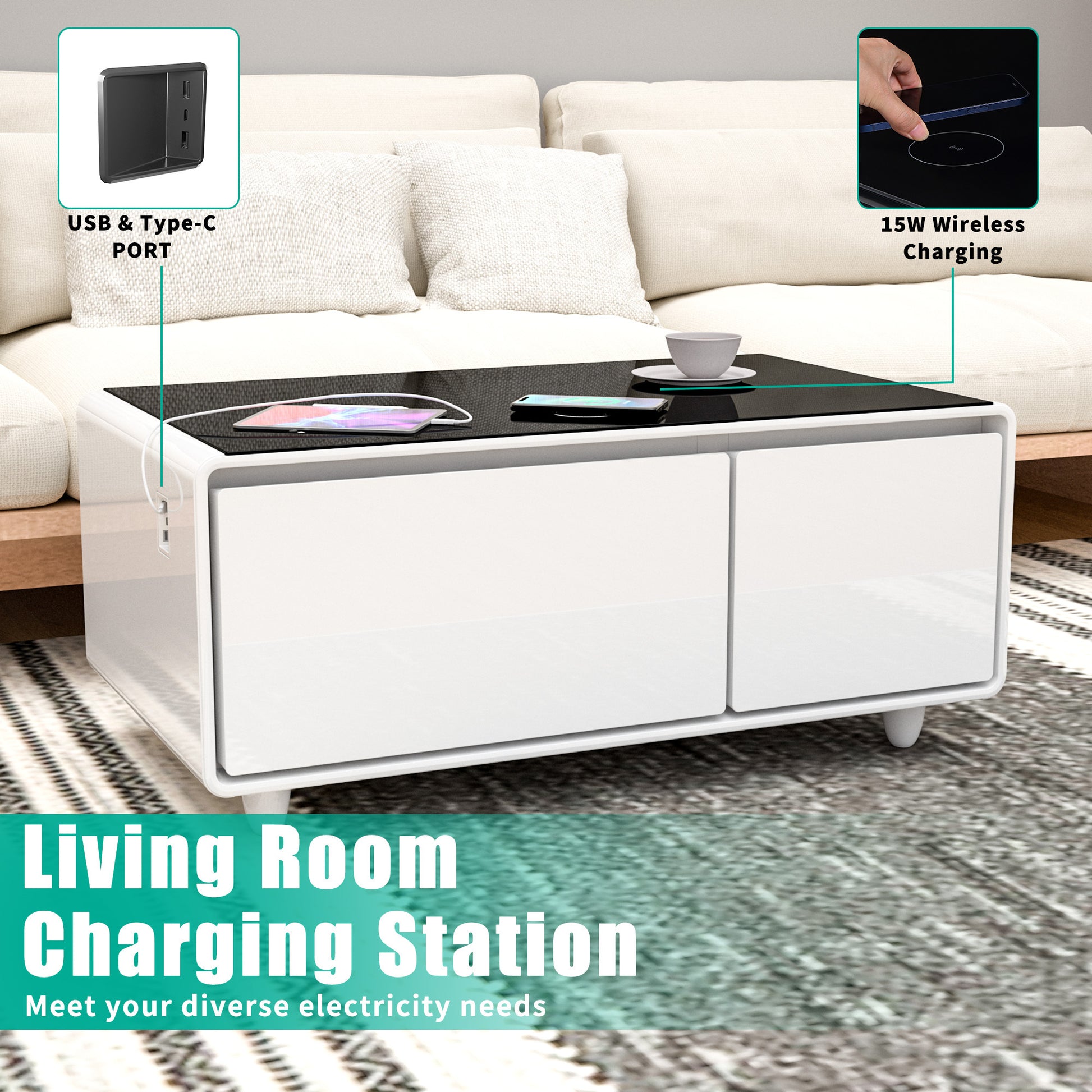 Modern Smart Coffee Table With Built In Fridge, Bluetooth Speaker, Wireless Charging, Touch Control Panel, Usb Ports, Outlet Protection, Atmosphere Light, Black Black White Built In Outlets Or Usb Primary Living Space Freestanding Rectangular Drawers