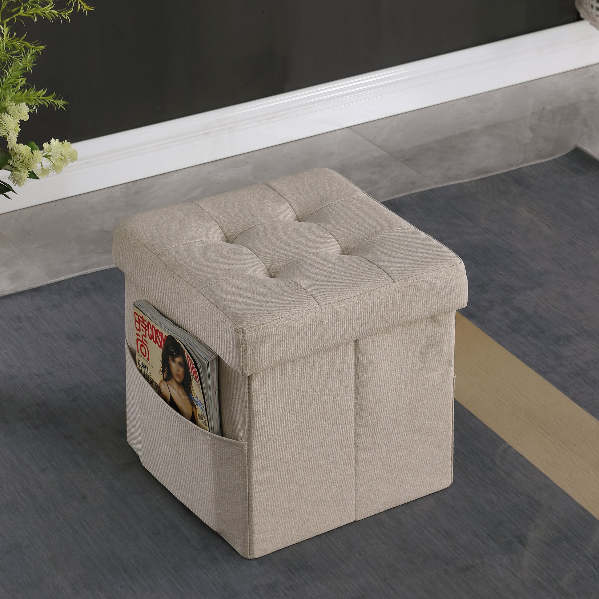 Ottoman Beige Beige Linen Or Linen Blend Primary Living Space American Traditional Eucalyptus Square Internal Storage Foam Linen