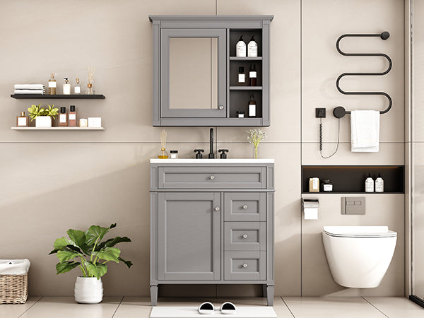 30'' Bathroom Vanity With Top Sink, Modern Bathroom Storage Cabinet With 2 Drawers And A Tip Out Drawer, Freestanding Vanity Set With Mirror Cabinet, Single Sink Bathroom Vanity 3 Grey Bathroom Solid Wood Mdf Resin Painted