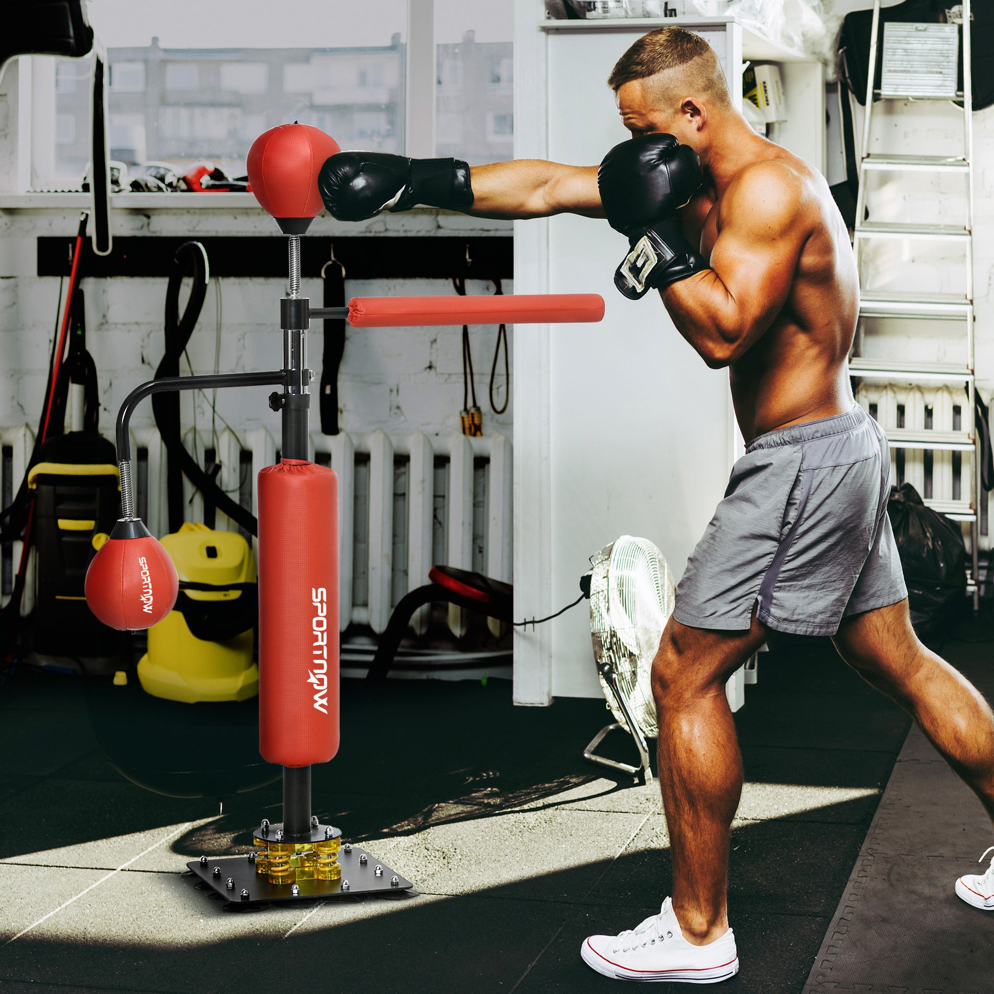 Soozier 4'7" 6'8" Boxing Bag Stand With Speed Bag And Reaction Bar Challenge, Reflex Bag Boxing Training Equipment With Suction Cups And Shock Absorbing System, Red Black Red Steel