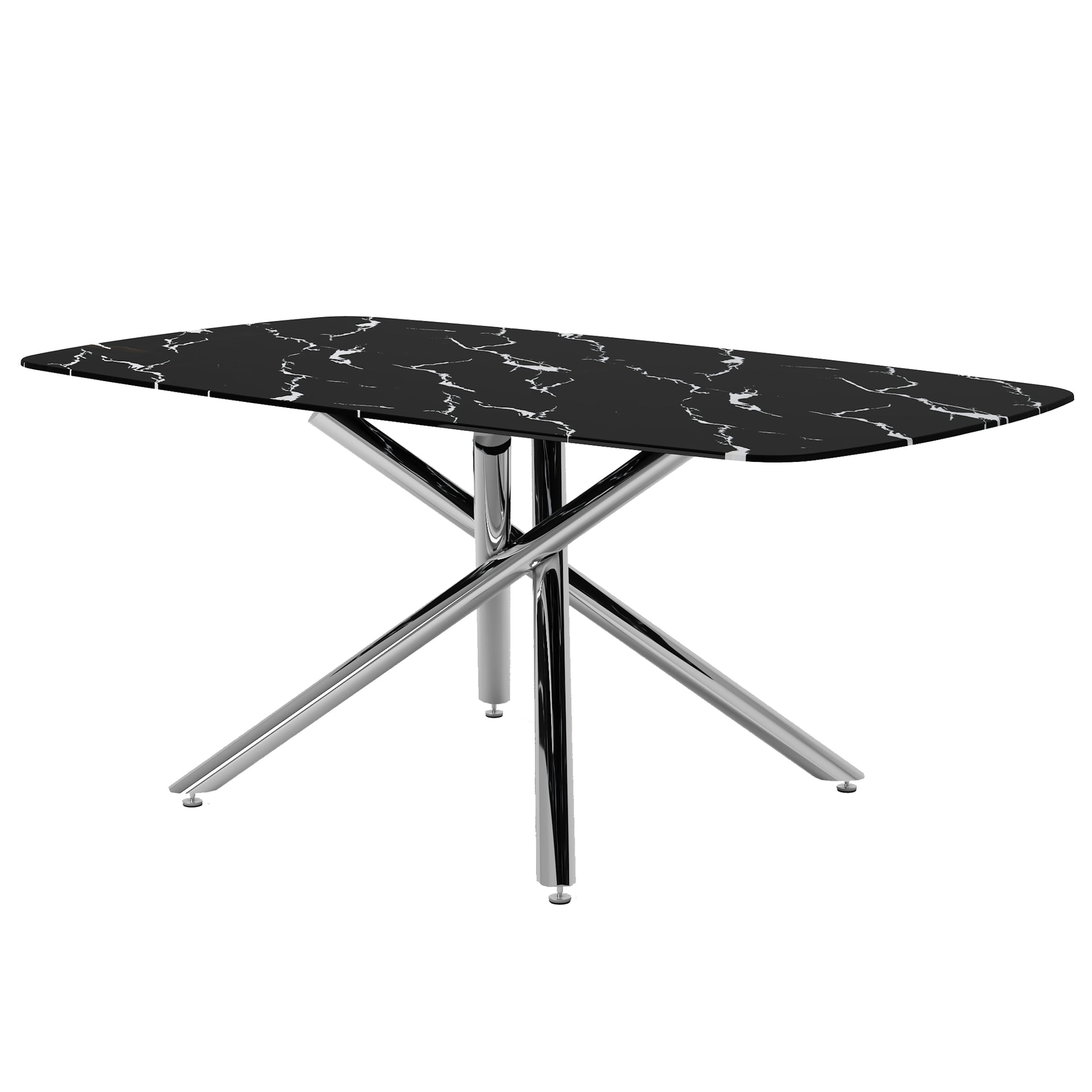 Table And Chair Set.Table And Chair Set.Modern Luxurious Black Marble Patterned Tempered Glass Dining Table With 8 White Pu Chairs.Multiple White High Quality Pu Dining Chairs With Silver Legs.