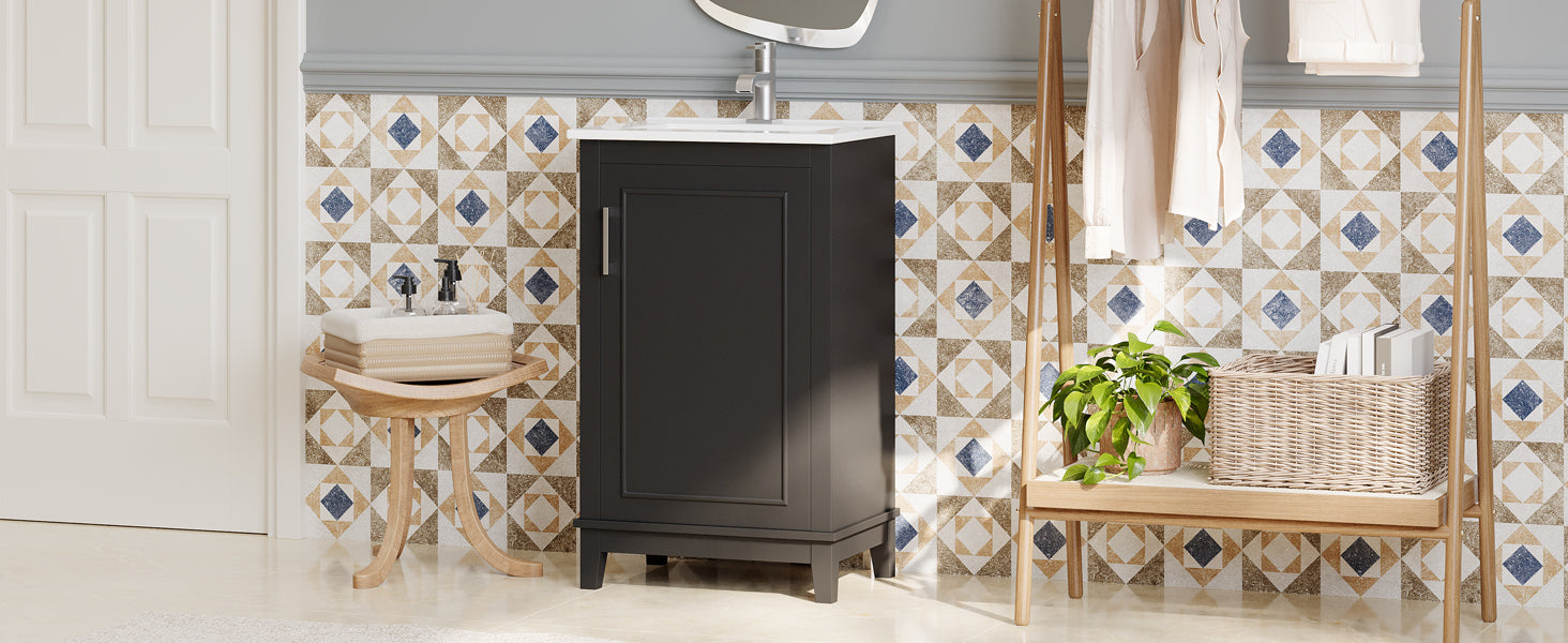 Viedo 20 Inch Modern Small Bathroom Vanity Cabinet With Ceramic Basin 20*15.5*33.3 Inches,Ample Storage,1 Soft Close Door Black Bathroom Solid Wood Mdf