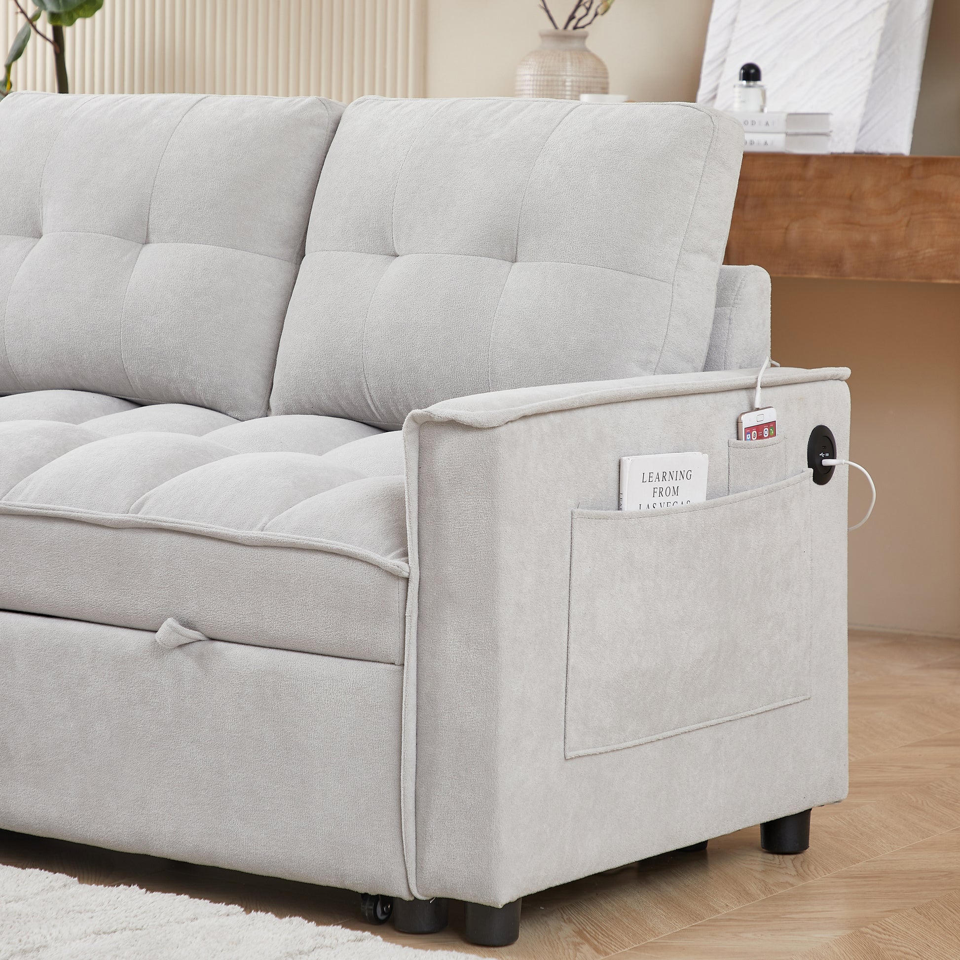 Mh 78.75" Reclining Sofa, Pull Out Sofa Bed With Usb And Tape C Charging Ports, L Shaped Sectional Sofa With Reclining Storage And Arm Side Organizer Pocket Features, Living Room Comfort Sofa Light Grey Chenille Wood Primary Living Space Eucalyptus Foam