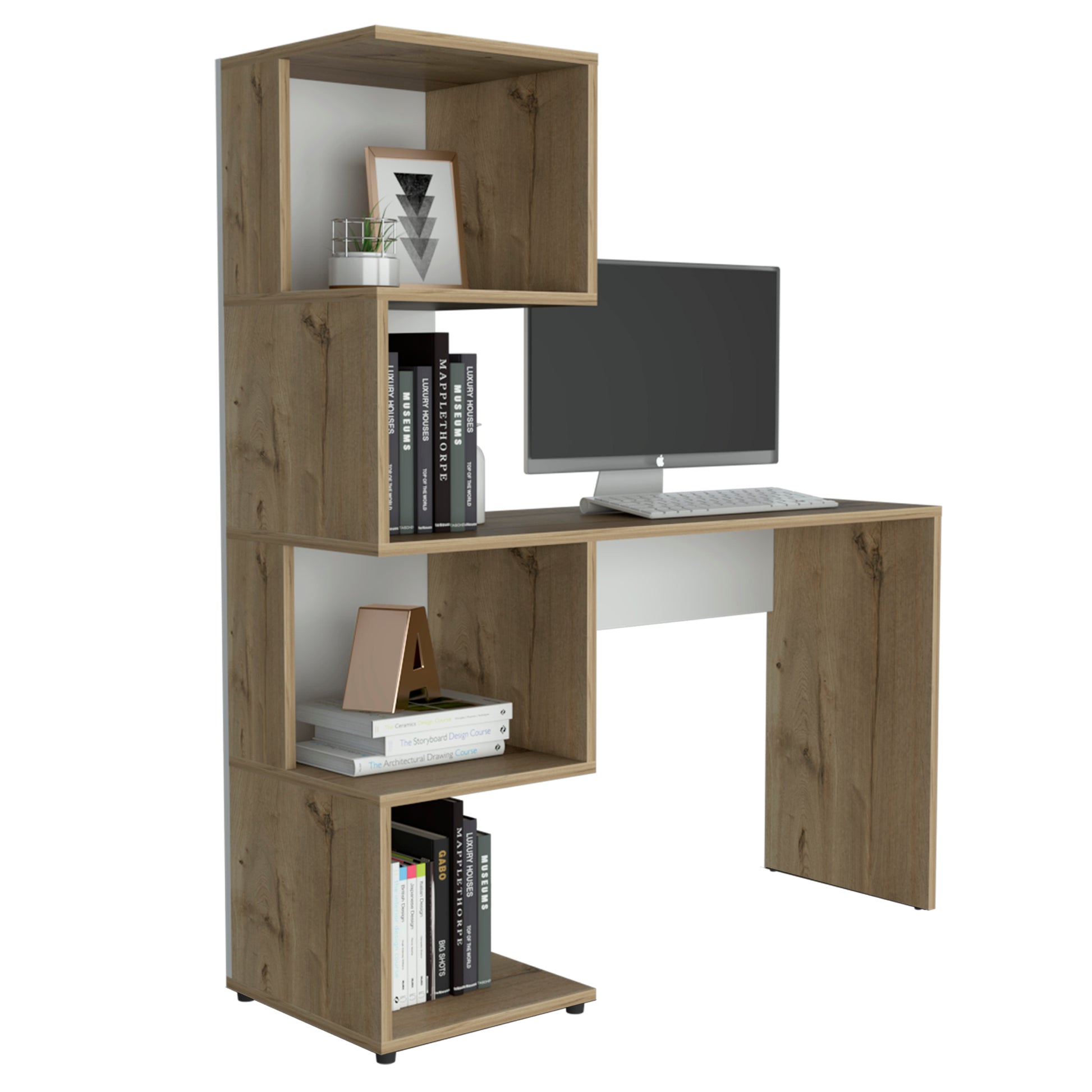 Vik Desk With Storage Cabinets, Four Shelves Multicolor Computer Desk Office Modern Freestanding Rectangular Open Storage Desk Particle Board Engineered Wood