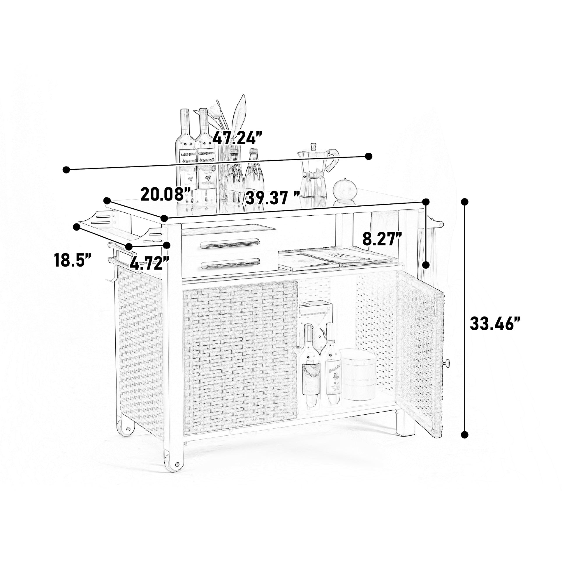 Outdoor Kitchen Wicker Island Rolling Cart & Storage Cabinet, Wheels And Stainless Steel Extended Table Top, Side Handle For Patio Kitchen Or Bar Cart, Brown No Brown Garden & Outdoor Steel