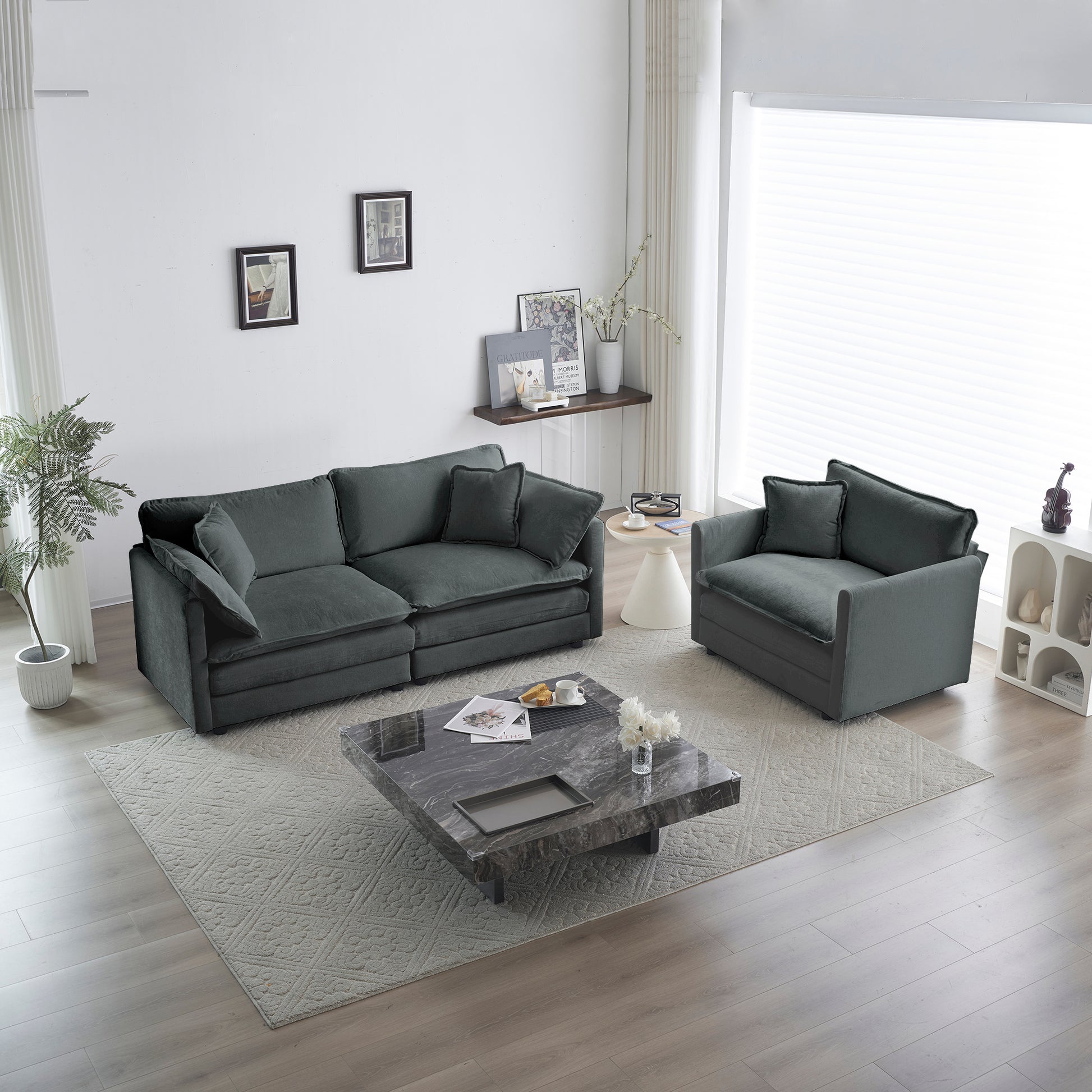 2 Seater Loveseat And Chair Set, 2 Piece Sofa & Chair Set, Loveseat And Accent Chair2 Piece Upholstered Chenille Sofa Living Room Couch Furniture 1 2 Seat ,Gray Chenille Gray Chenille 3 Seat