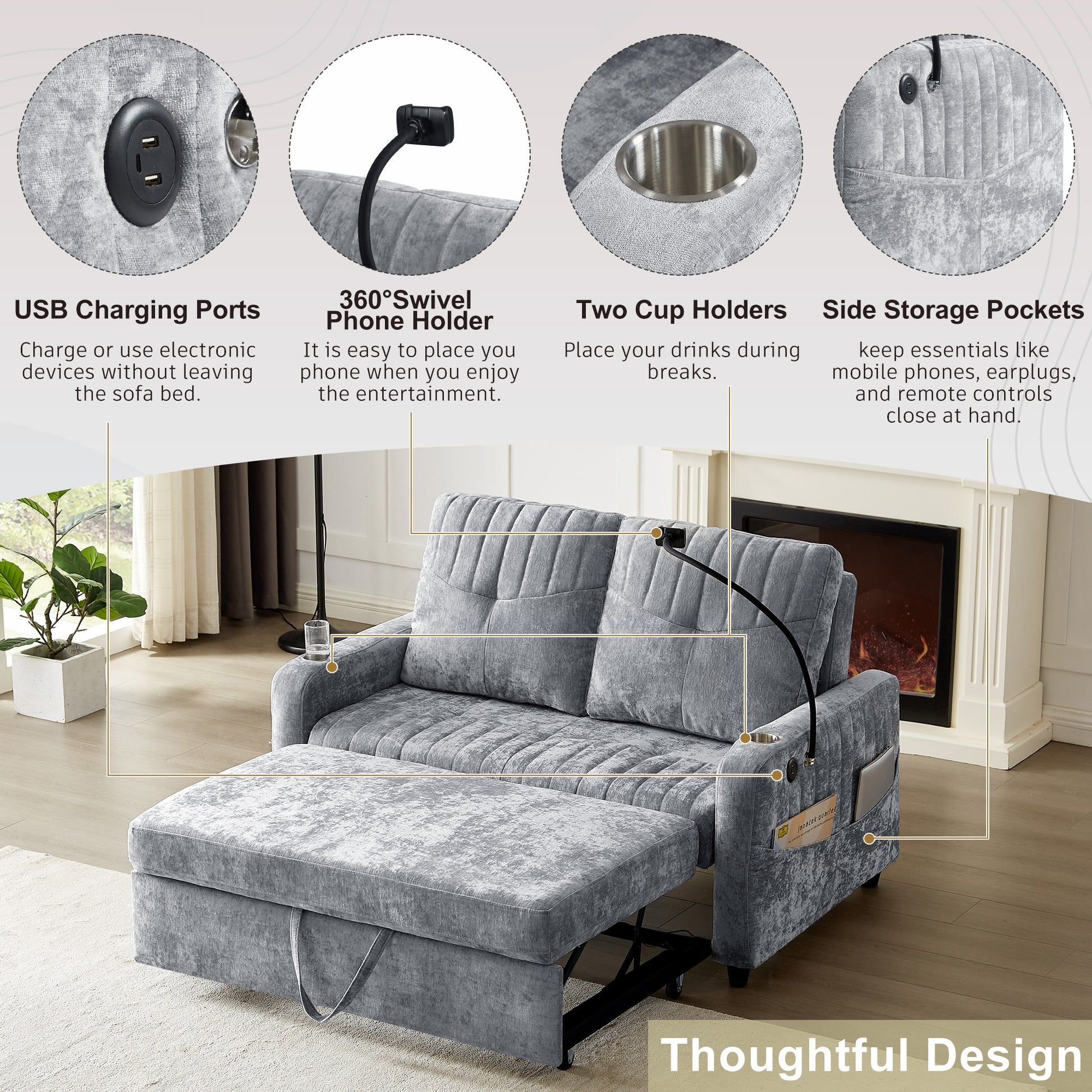 53.9" Modern Loveseat Pull Out Sofa Bed With Adjustable Backrest, Two Cup Holdersa Phone Holder, Three Charging Ports And Side Storage Pockets For Living Room, Grey Grey Foam Chenille