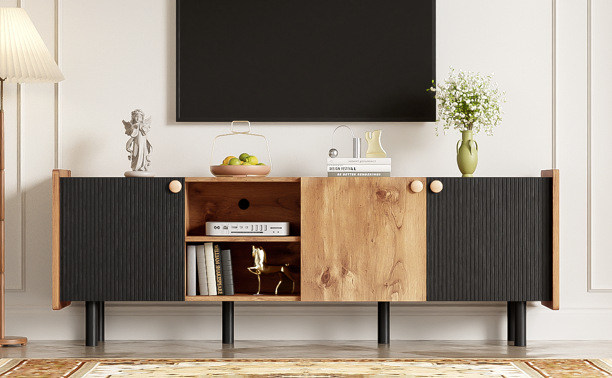 Mid Century Tv Stand With 3 Cabinets, Media Console Table For Tvs Up To 70'', Entertainment Center With Storage For Living Room, Bedroom, Home Theatre Black Brown Primary Living Space 60 69 Inches