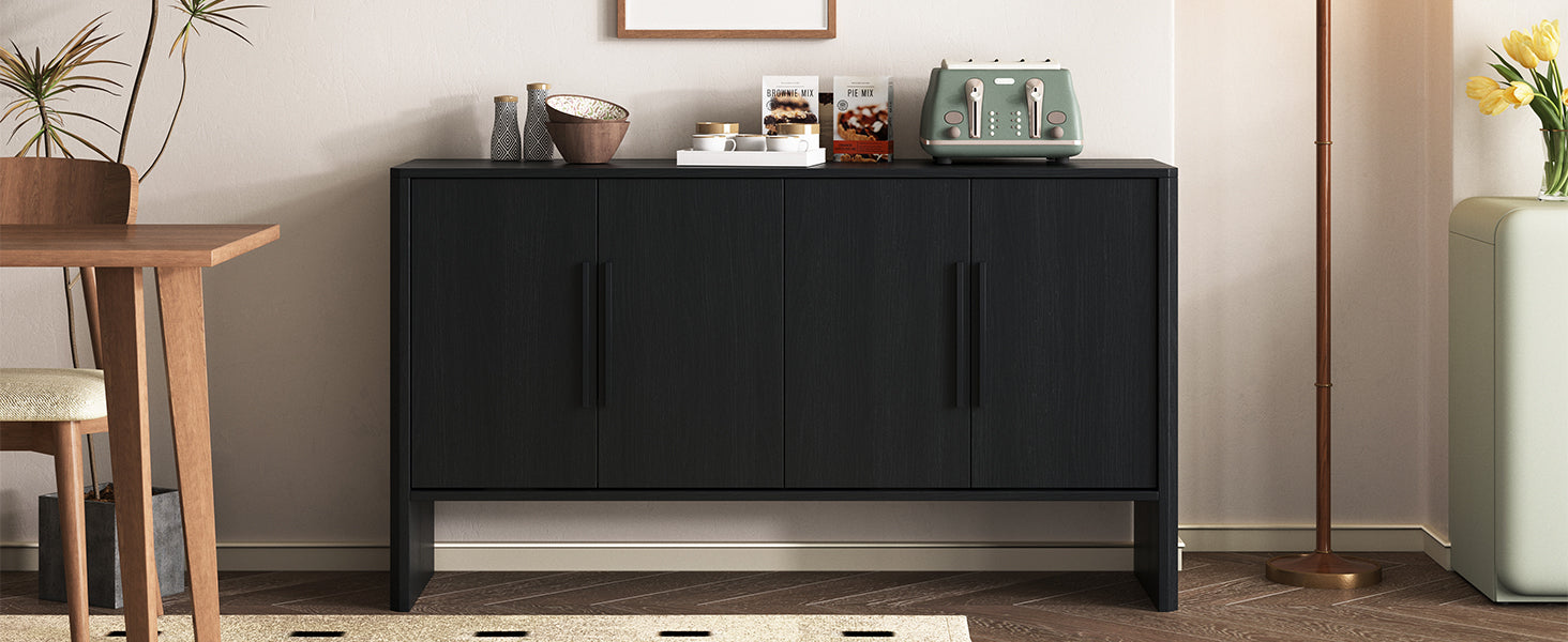 4 Door Large Storage Retro Sideboard With Adjustable Shelves And Long Handles For Kitchen, Dining Room And Living Room Black Black Mdf