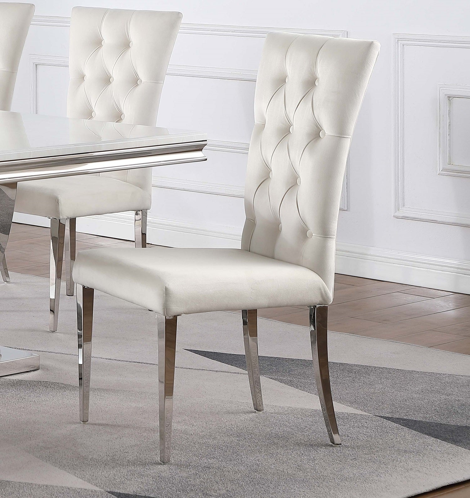 Set Of 2 Velvet Upholstered Dining Chairs, White And Chrome Solid White Dining Room Rectangular Dining Chairs Set Of 2 Steel,Velvet