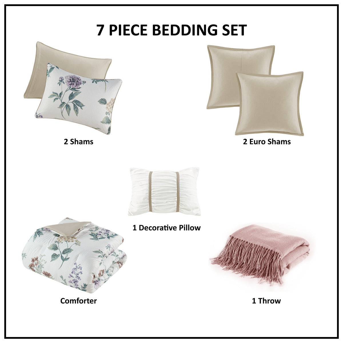 7 Piece Printed Seersucker Comforter Set With Throw Blanket Taupe Blush Full Queen Multicolor Polyester