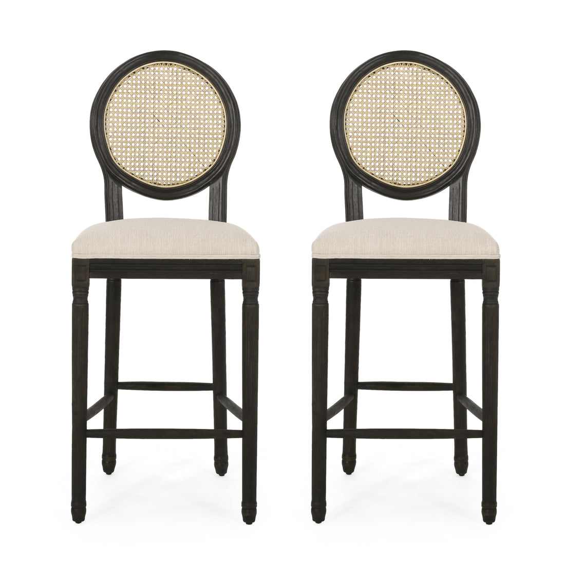 Barstool Beige Natural Wood Fabric Rattan