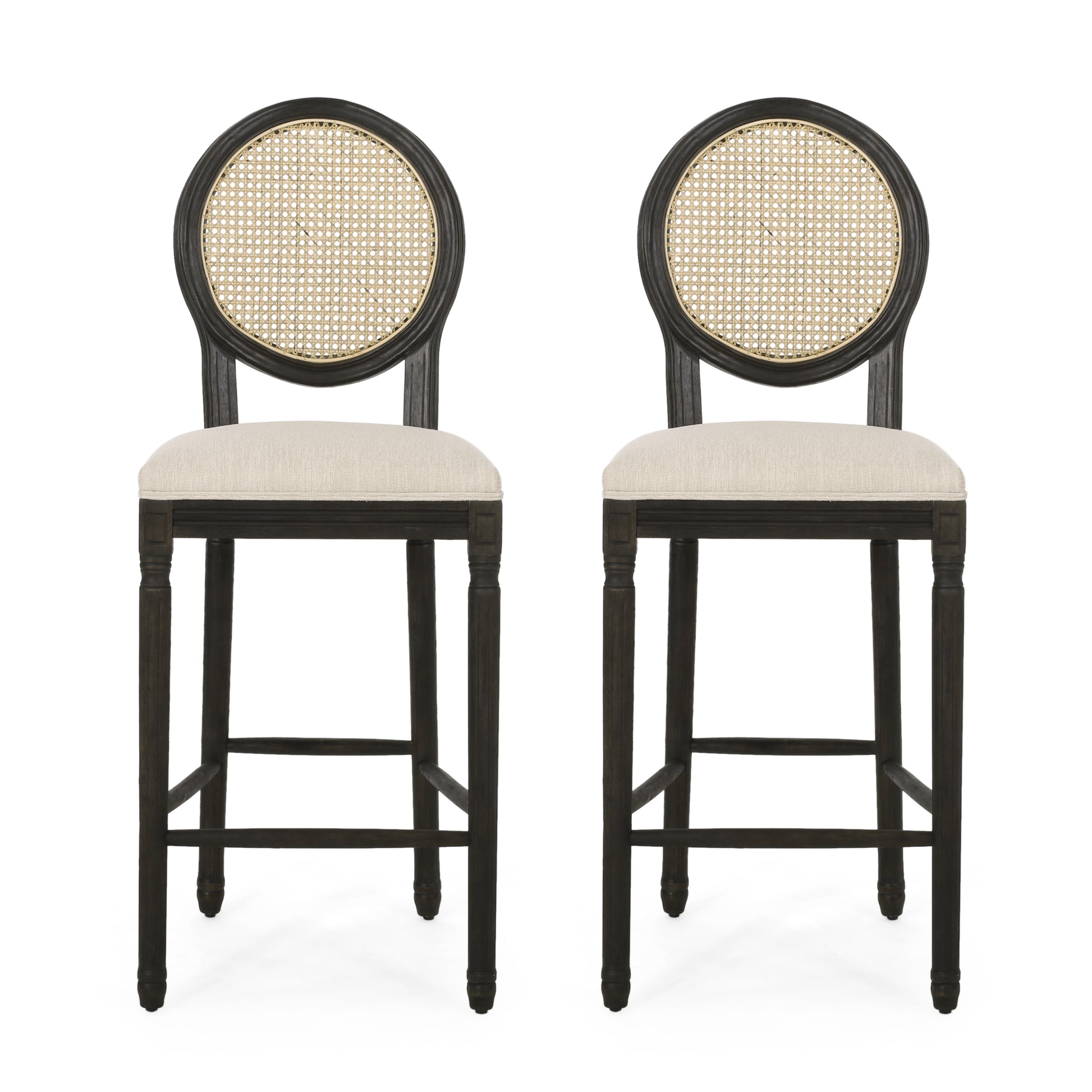 Barstool Beige Natural Wood Fabric Rattan