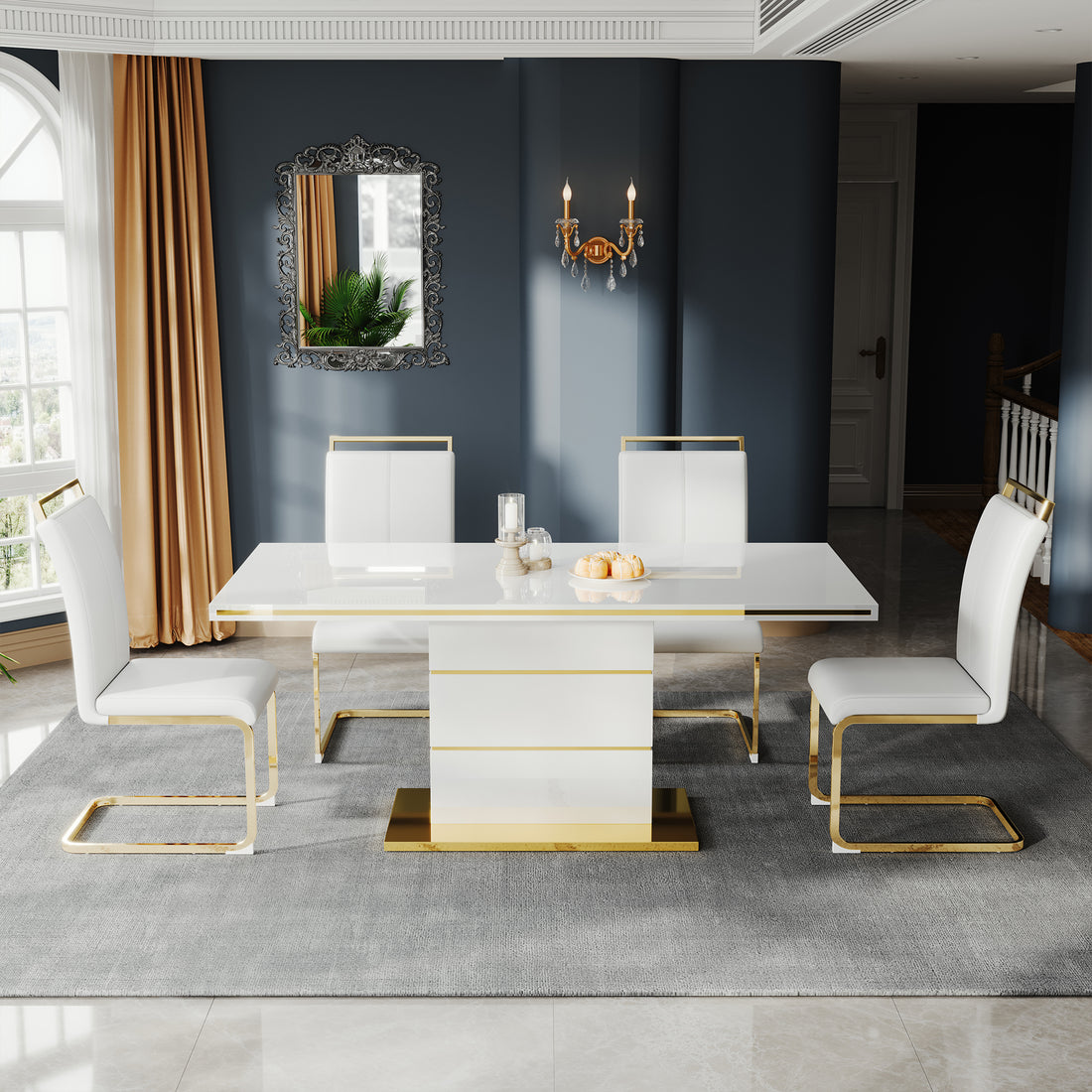 Mdf Dining Table,Panel Stainless Steel Polished Gold Plated Bar, Need To Hit Copper Nails,Table Size: 62.99" L X 35.43" W X 29.92" H White Mdf