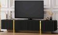 Luxury Fluted Tv Stand For Tvs Up To 80'', Modern Entertainment Center With Storage Cabinets & Drawers, Smooth Media Console With Golden Wood Grain Legs For Living Room, Black Black Primary Living Space 80 89 Inches Particle Board Mdf