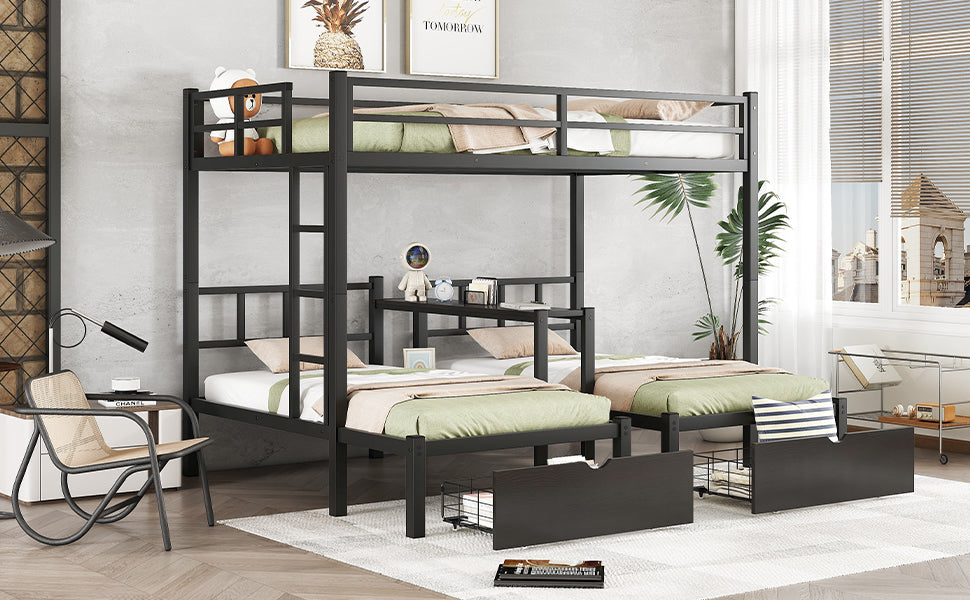 Full Xl Over Twin & Twin Triple Bunk Bed With Drawers, Multi Functional Metal Frame Bed With Desks And Shelves In The Middle, Black Full Xl Black Metal