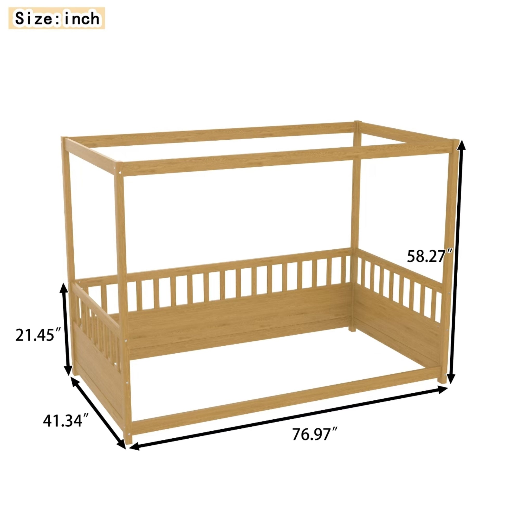 Twin Size Canopy Bed Frame With Guardrails For Kids,Floor Bed Twin With Four Poster Design,Kids Montessori Floor Bed,Wood Canopy Bed Frame For Girls,Boys Twin,Natural Box Spring Required Twin