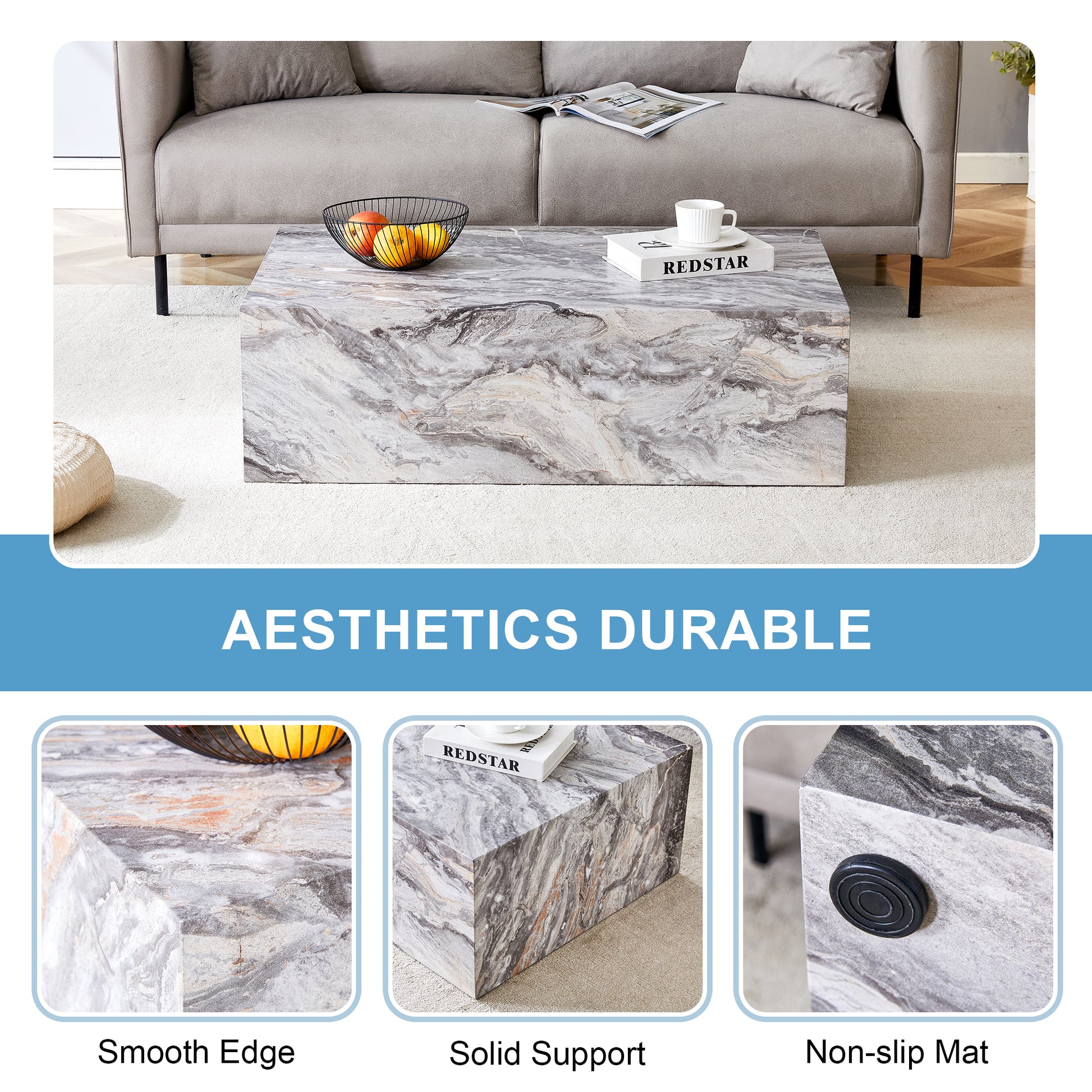 Modern Mdf Coffee Table With Grey Texture Pattern 39.3X23.6X11.8 Inches Stylish And Durable Design Grey Mdf