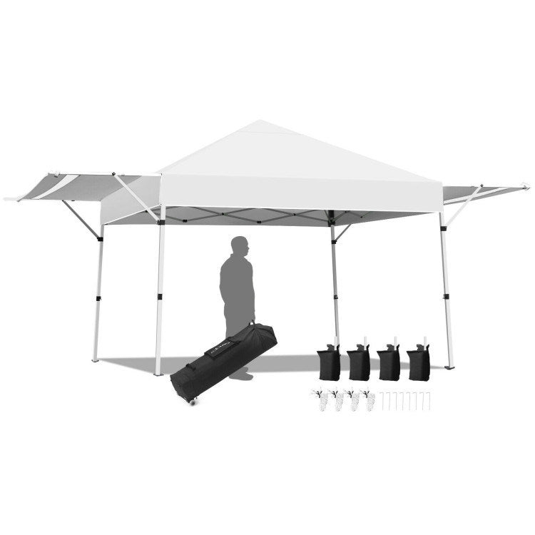 17 X 10 Feet Foldable Pop Up Canopy With Adjustable Dual Awnings White Oxford Fabric