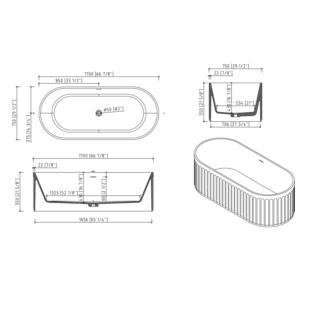 67" Freestanding Solid Surface Bathtub, Luxury Engineered Stone Resin Freestanding Soaking Bathtub With Overflow And Pop Up Drain Cupc Certified, Matte White 23S13 67 White Solid Surface