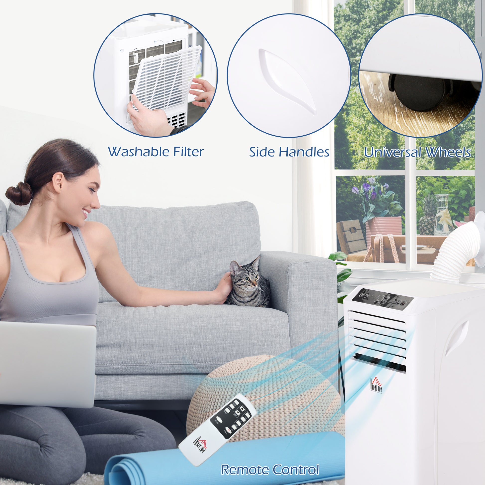 Homcom 8000 Btu Mobile Portable Air Conditioner With Cooling, Dehumidifier, Ventilating, Remote Control, 24 Hour Timer, Portable Ac Unit For Bedroom, Living Room, Home Office, White White Plastic