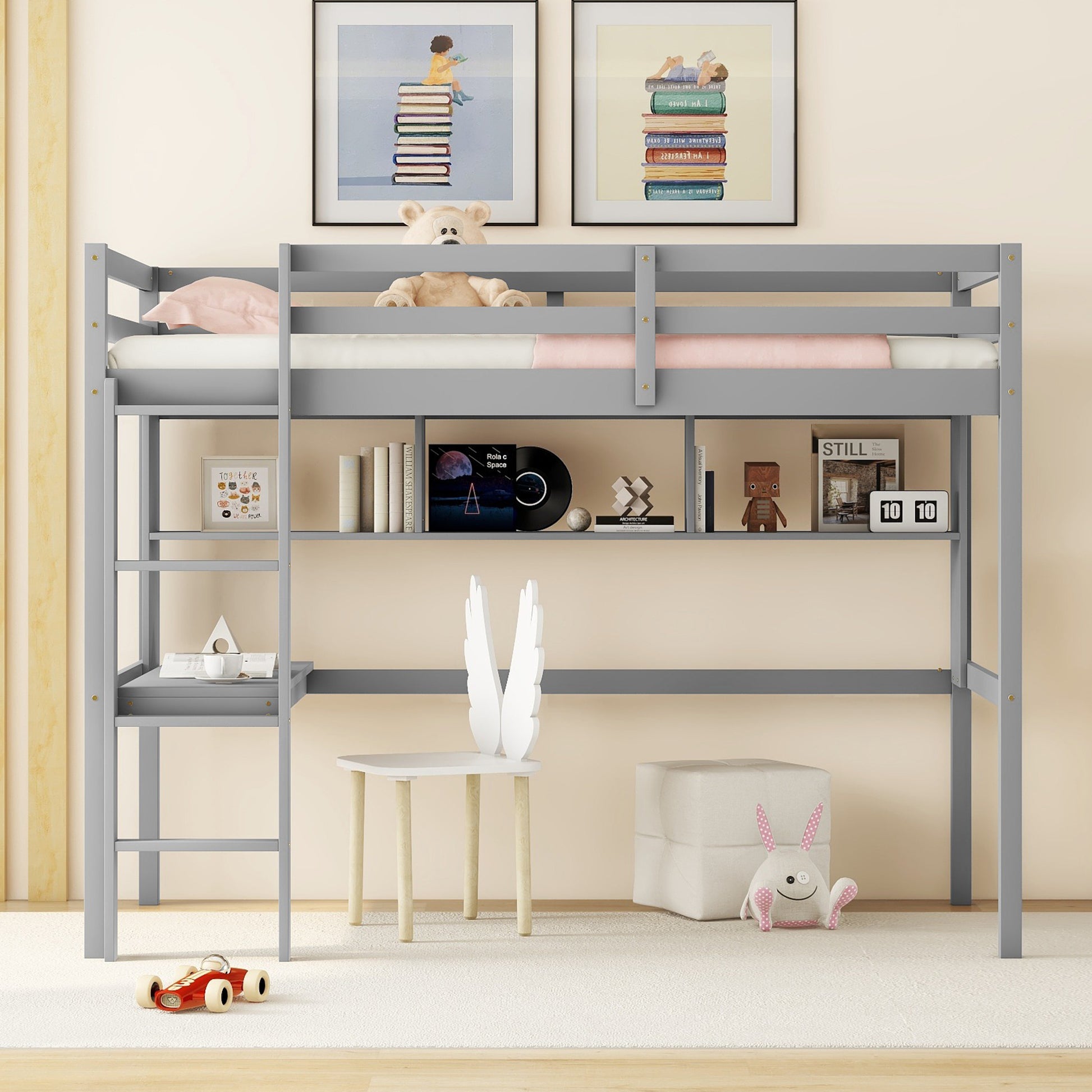 Twin Loft Bed With Built In Desk And Bookcase Of Three Compartments, Guardrails And Ladder,Grey Twin Grey Pine