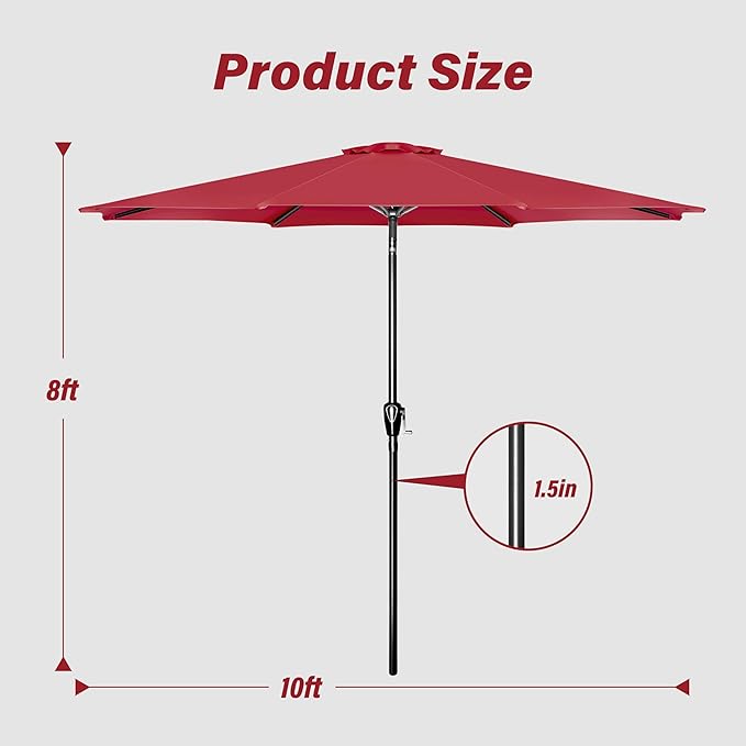 10Ft Outdoor Market Patio Umbrella With 8 Sturdy Ribs, Tilt Crank Push Button For Garden, Deck, Backyard And Pool Red Stainless Steel