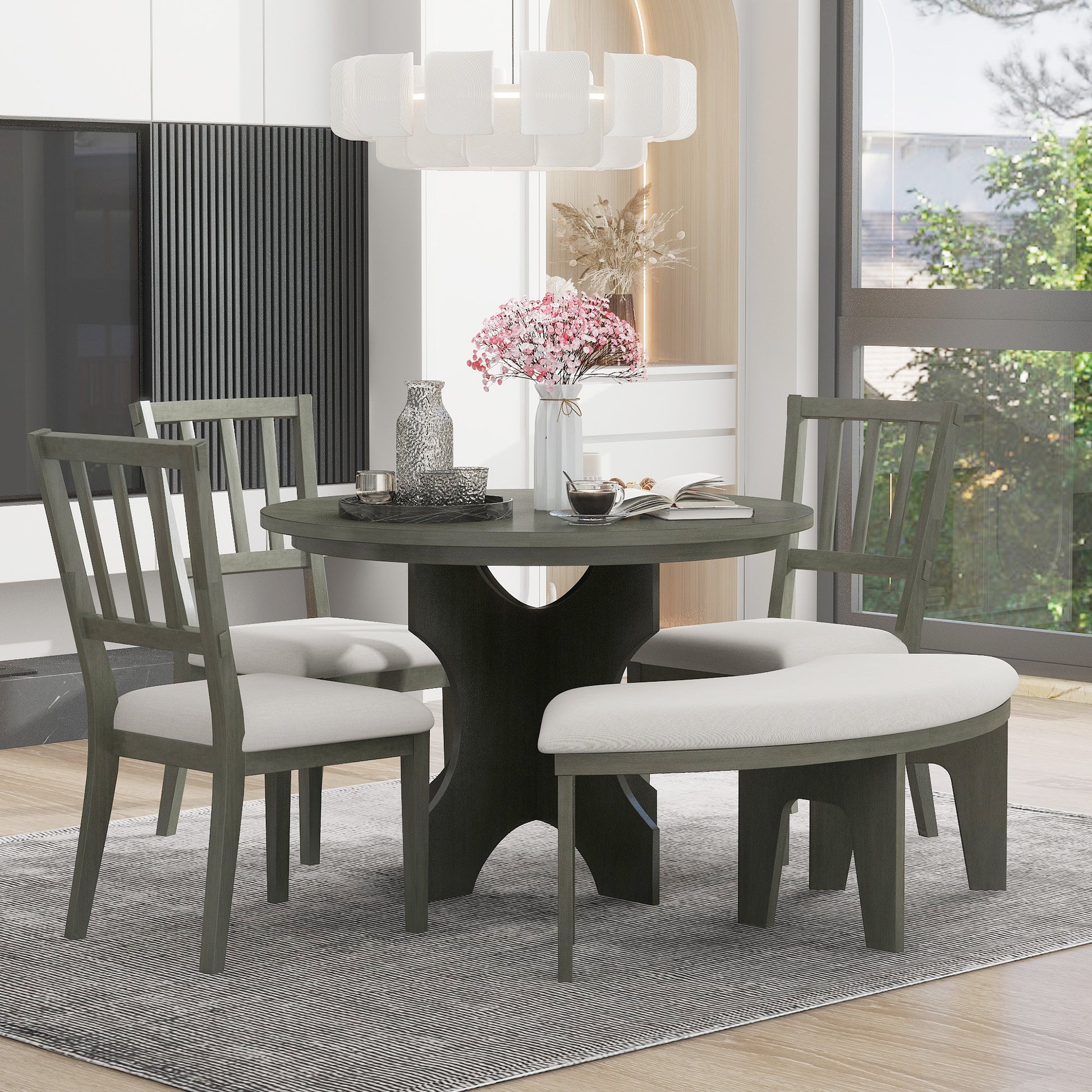 5 Piece Rustic Charm Round Dining Set With 3 Upholstered Chairs And Curved Bench For Dining Room, Kitchen And Living Room Gray Gray Rubber Wood