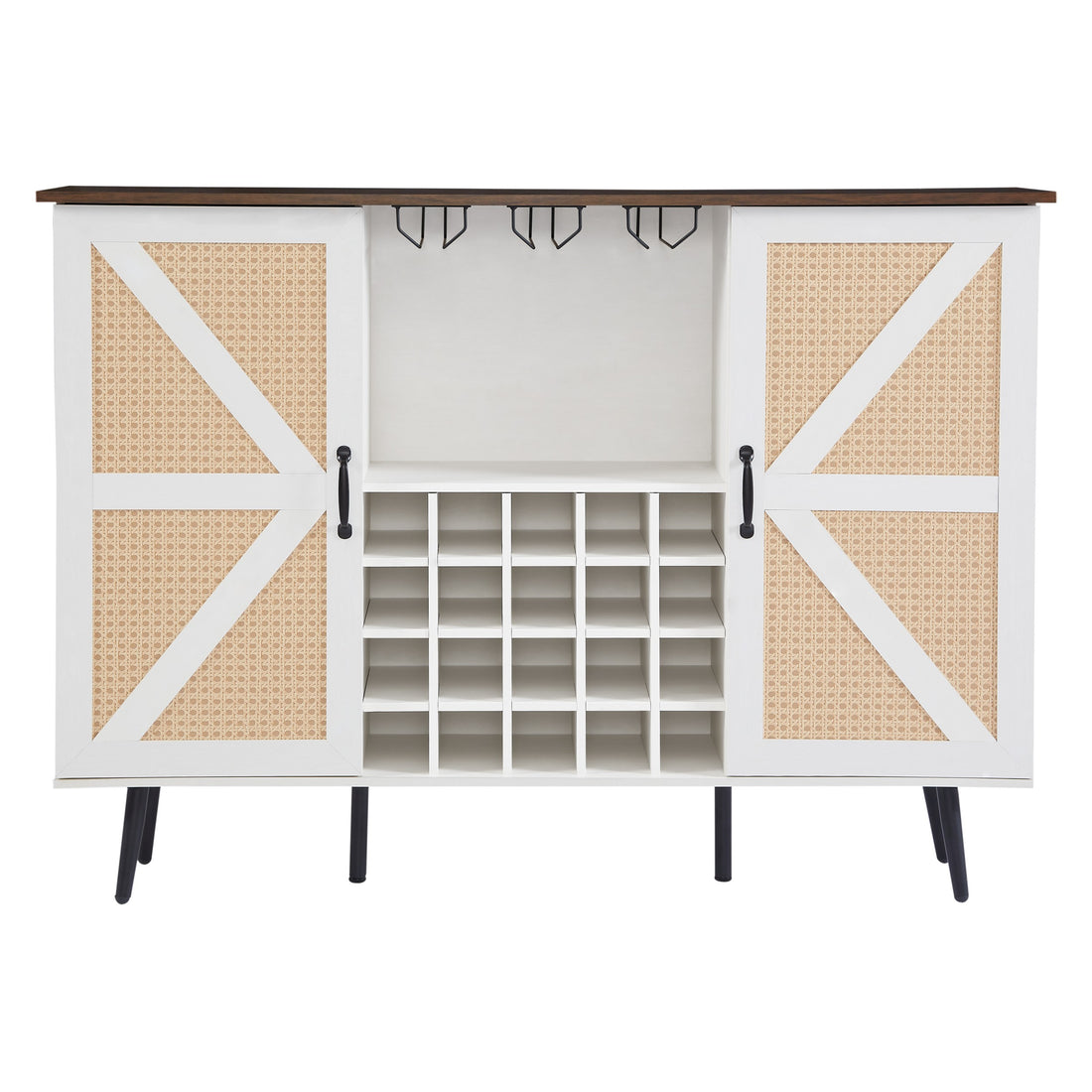 White Faux Rattan Barn Door Wine Cabinet With Wine Rack And Wine Glass Rack, Double Door Design With Removable Shelves, Rustic Wood Storage Cabinet White Walnut Particle Board Mdf