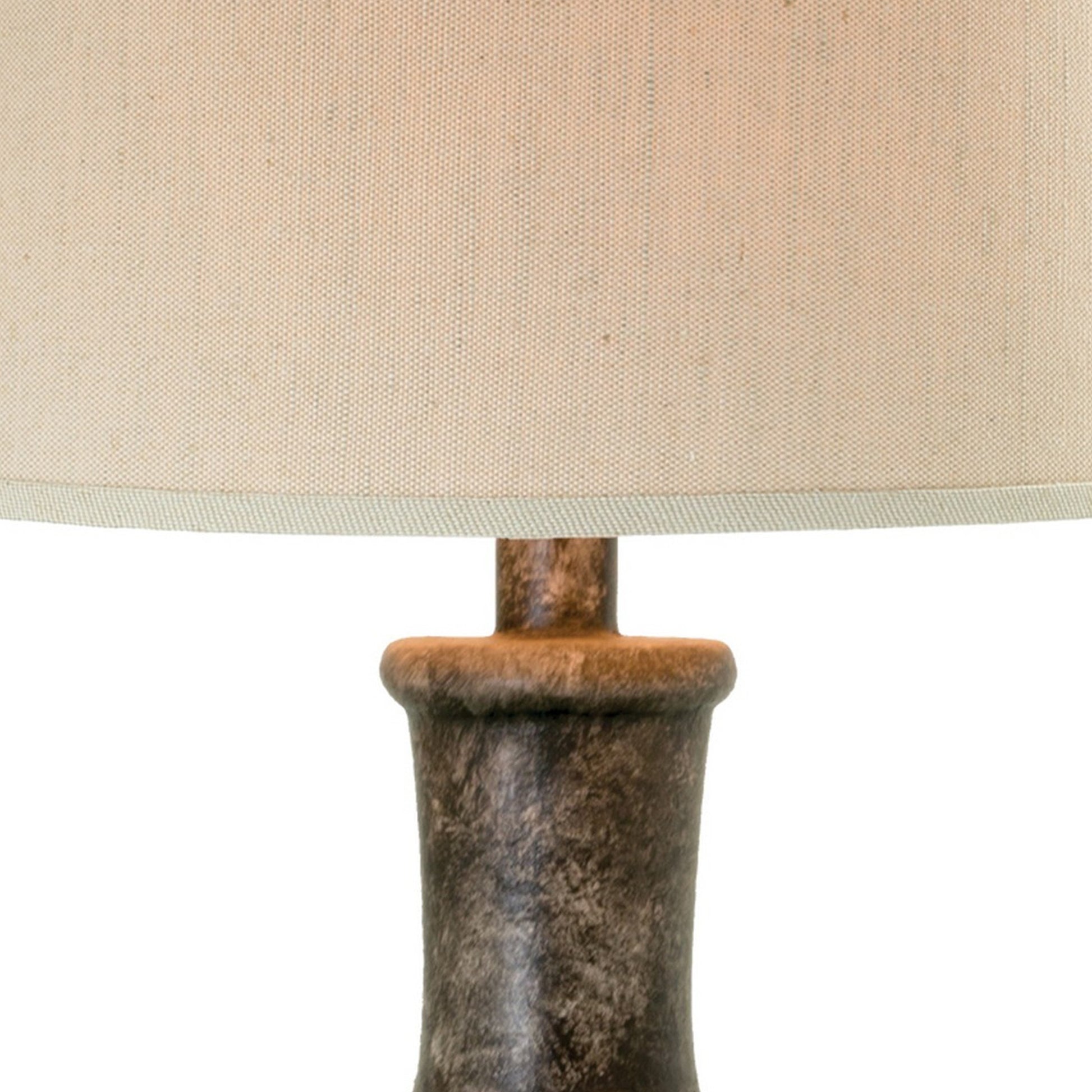 Aine 29 Inch Hydrocal Table Lamp, Drum Shade, Urn Shaped Base, Slate Gray Gray Beige Fabric