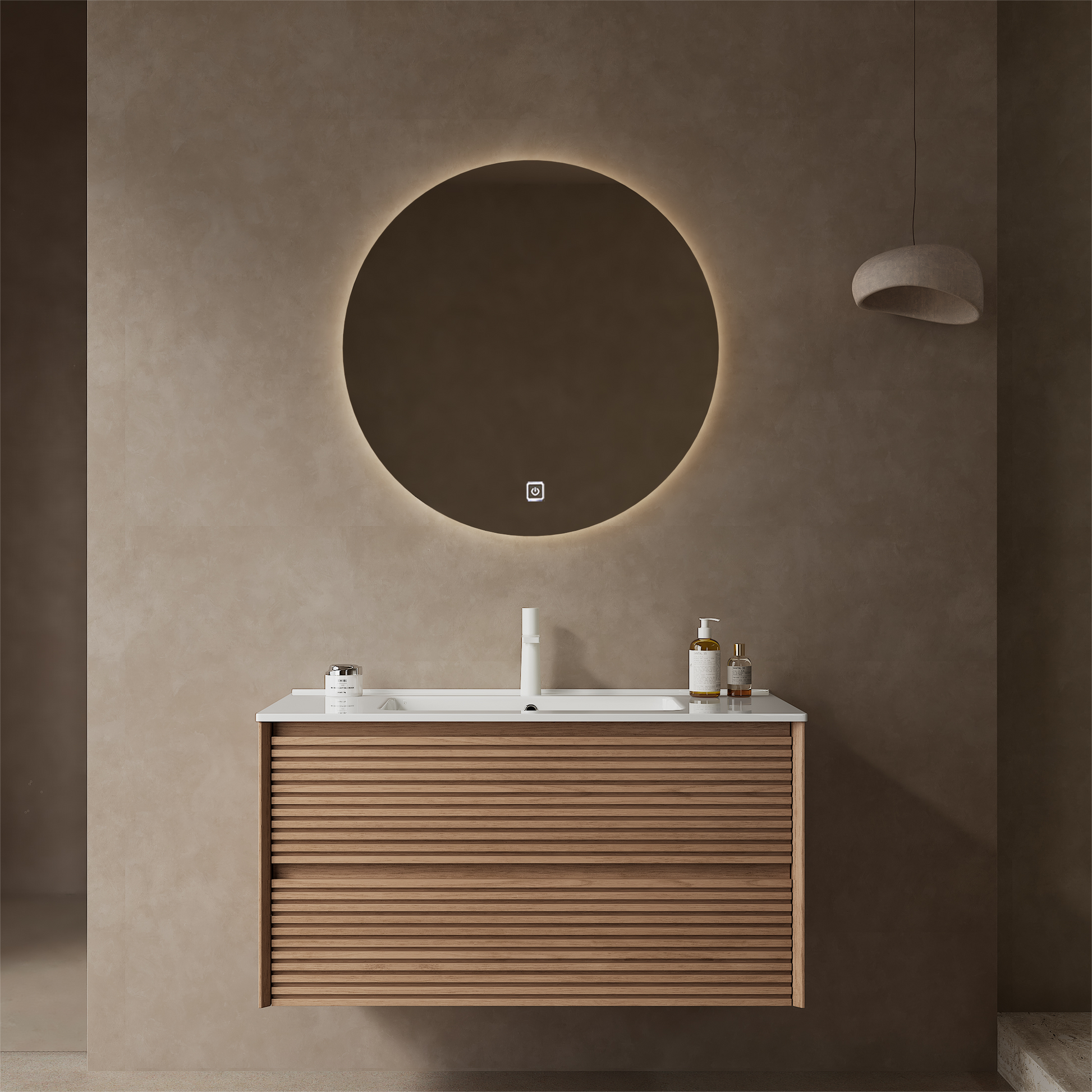 Bron 36" Bathroom Vanity With Sink, Modern Wall Mounted Floating Plywood Bathroom Storage Cabinet With 2 Drawers, White Ceramic Basin With Sink Hole Cover And Drain, Natural Walnut White Natural