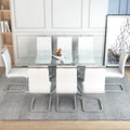 Table And Chair Set.Modern Luxurious Transparent Tempered Glass Dining Table Set.Paried With 8 Chairs With Pu Cushion And Silver C Tube Metal Legs. Transparent,White Seats 8 Glass Metal