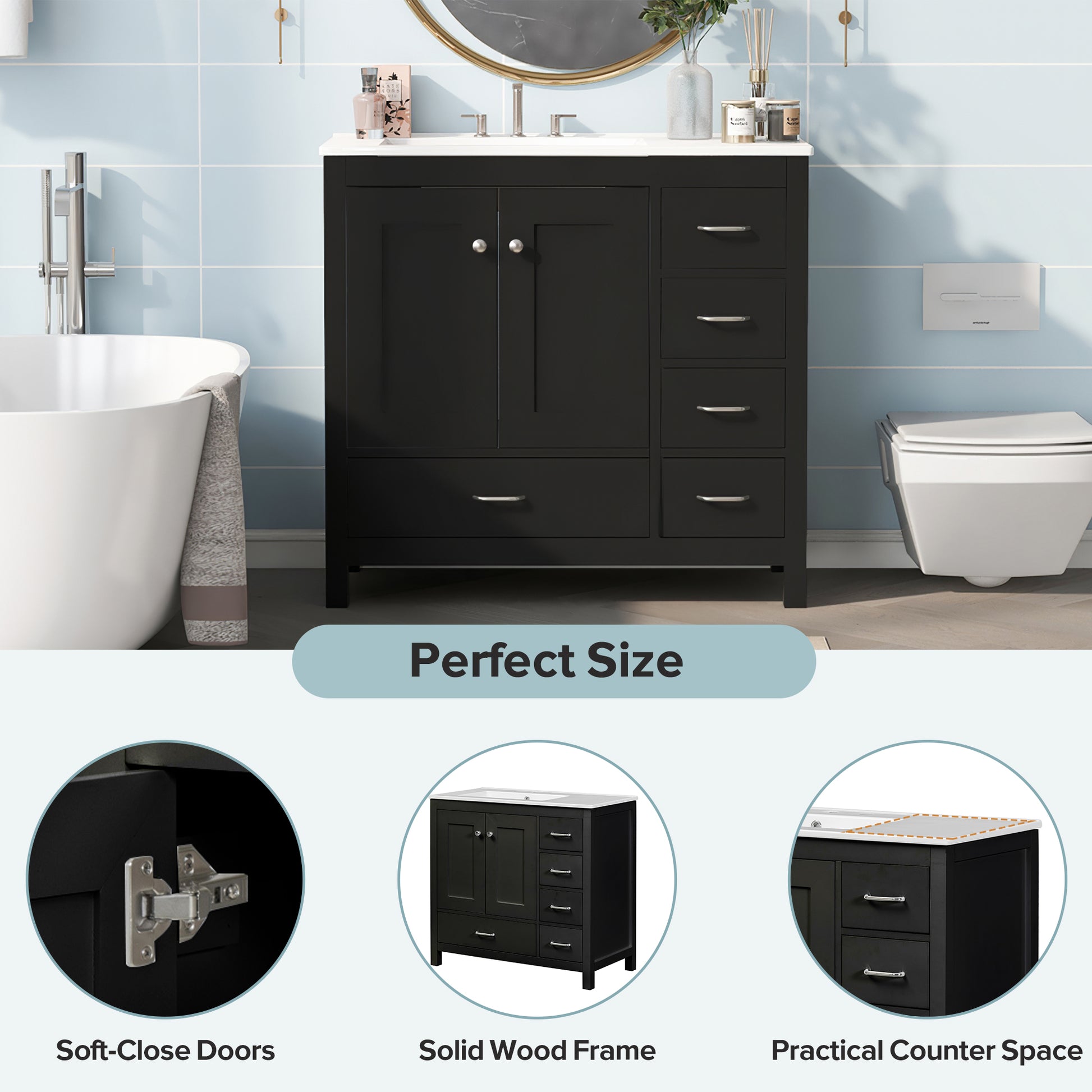 36" Black Bathroom Vanity With Ceramic Sink Combo, Abundant Storage Cabinet 2 Soft Close Doors And 5 Drawers Black Bathroom Solid Wood Mdf