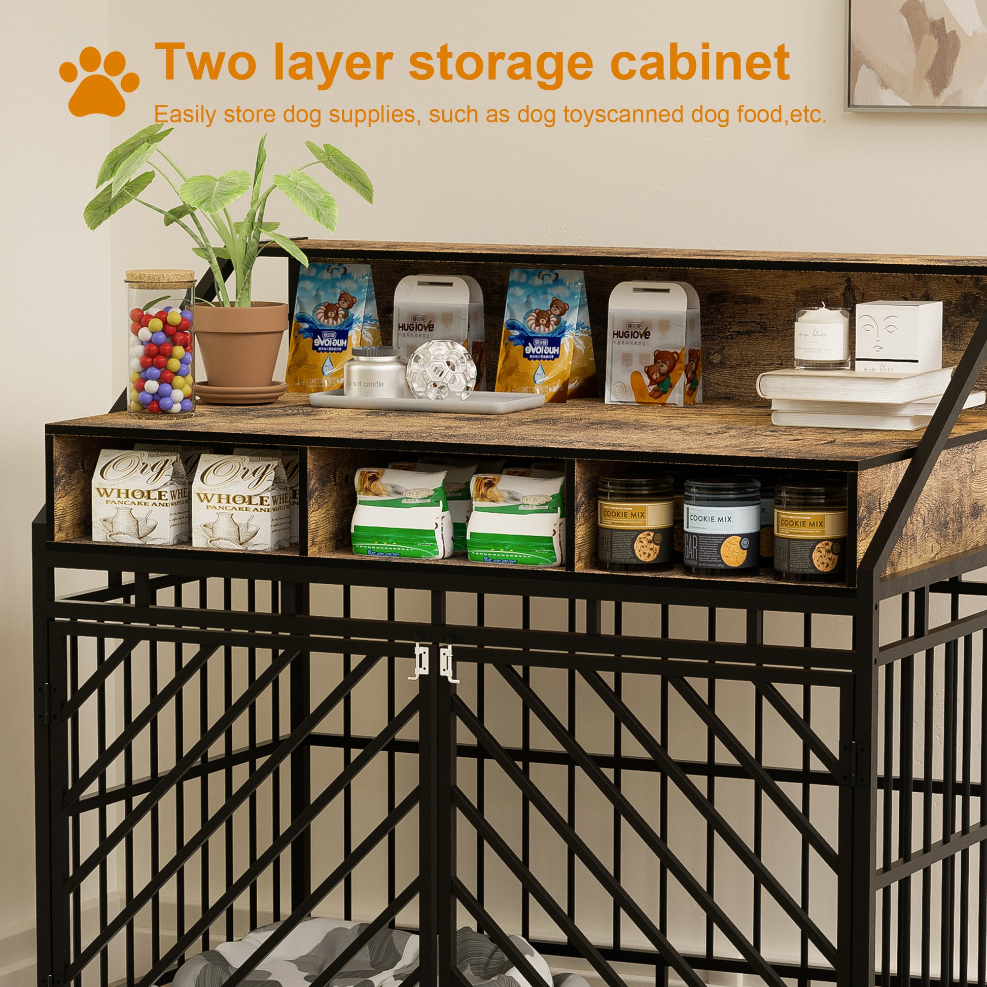 43.3 Inch Dog Crate Furniture For Large Dogs,Wooden Dog Crate With Divider,Double Door Dog Kennel With Three Drawers Storages,Heavy Duty Dogs Decorative Pet House For Large Medium Dogs ,Rustic Brown