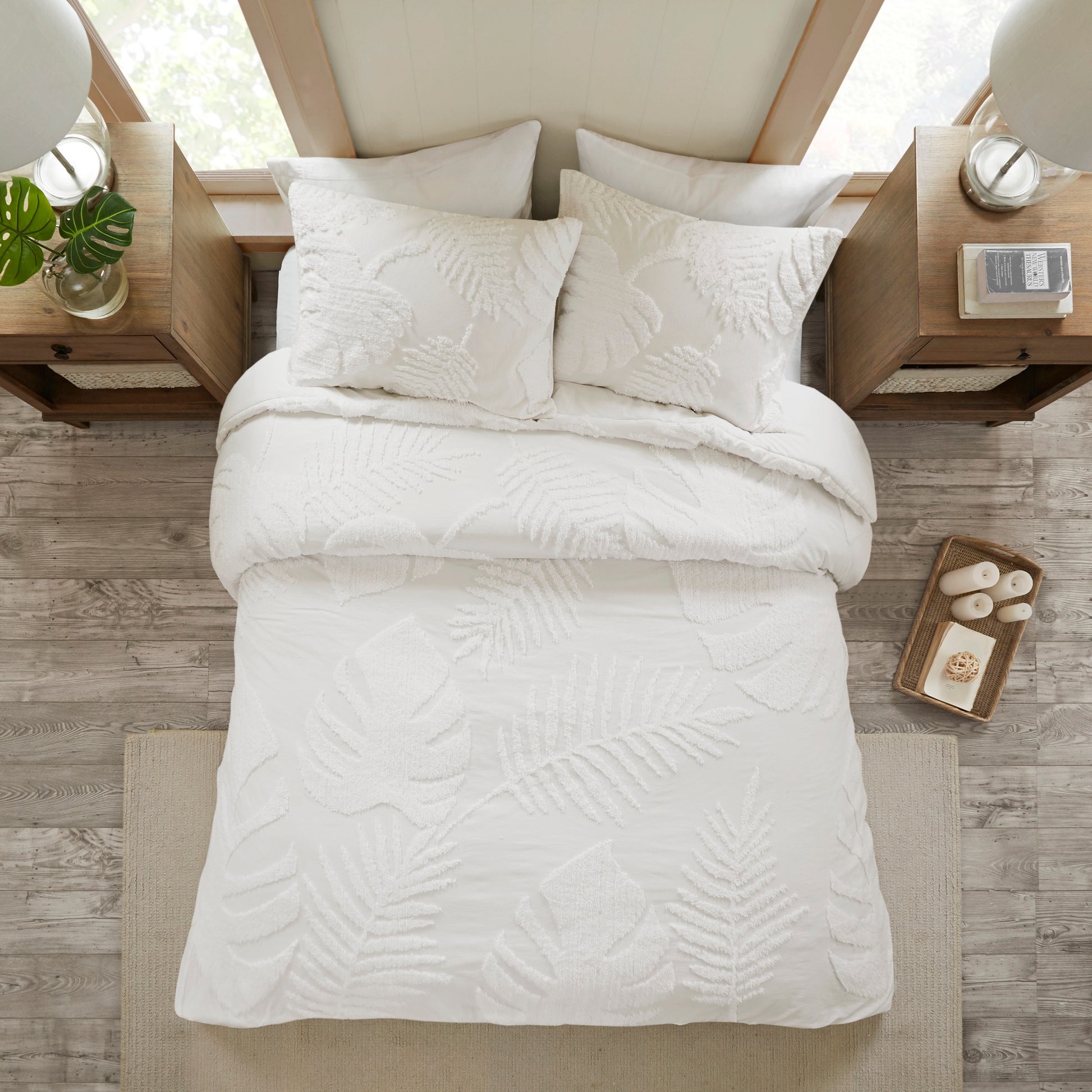 3 Piece Tufted Cotton Chenille Palm Comforter Set Off White Full Queen Queen Off White Cotton
