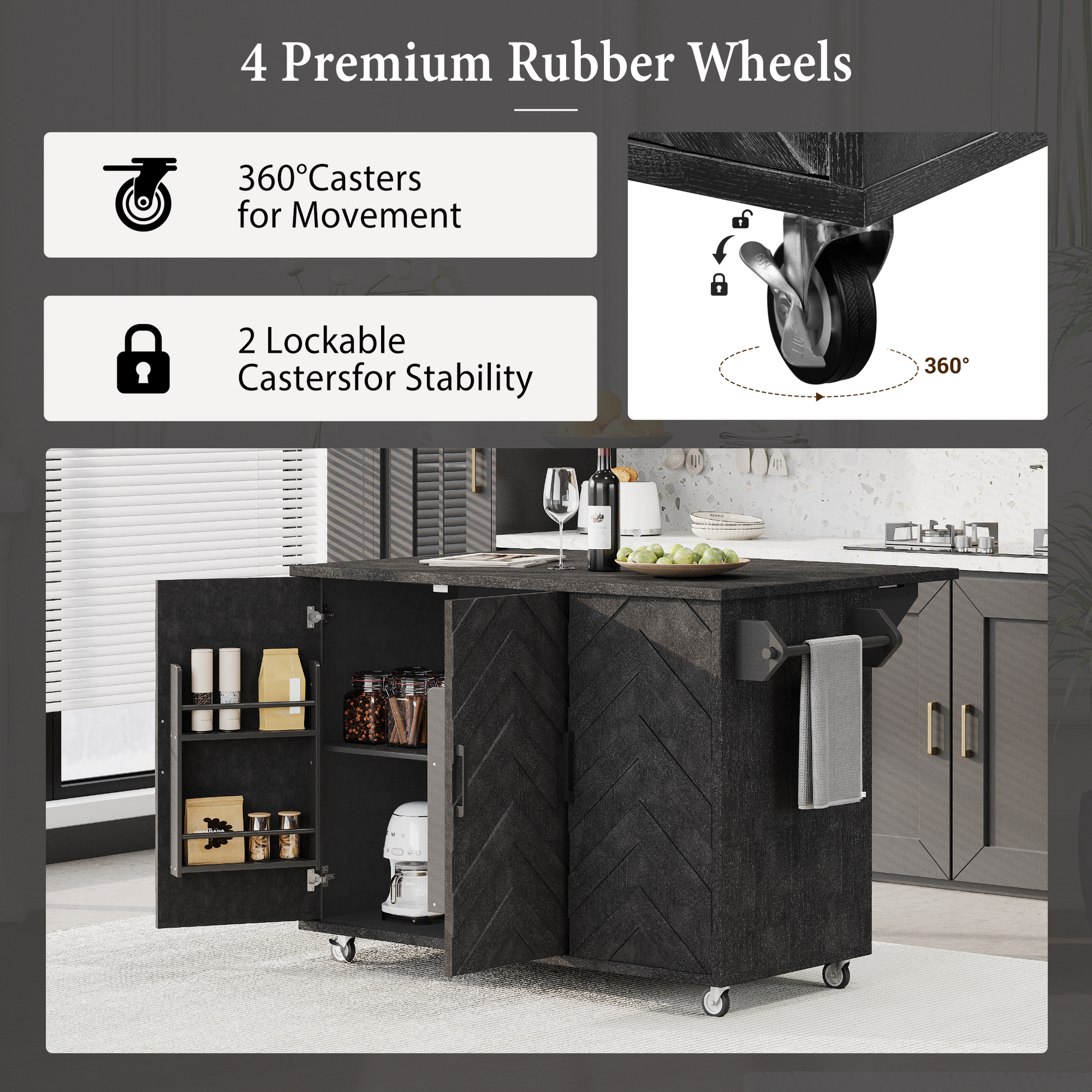 K&K 51.2"W 3D Wave Stripes Ash Veneer Not Cheap Paper Kitchen Island With Drop Leaf, Farmhouse Kitchen Island On Wheels With Internal Storage Rack, Rolling Kitchen Cart Black Black Brown Kitchen