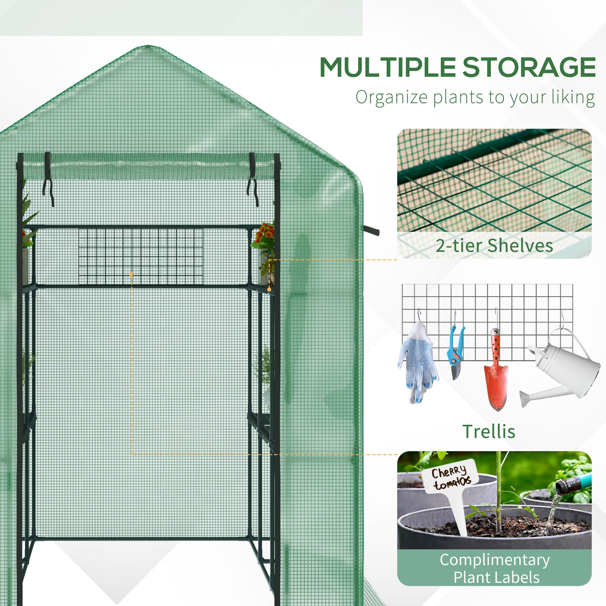 Outsunny 7' X 5' X 6' Walk In Greenhouse With Mesh Door And Windows, 18 Shelf Hot House With Trellis, Plant Labels, Uv Protective For Growing Flowers, Herbs, Vegetables, Saplings, Green Green Steel