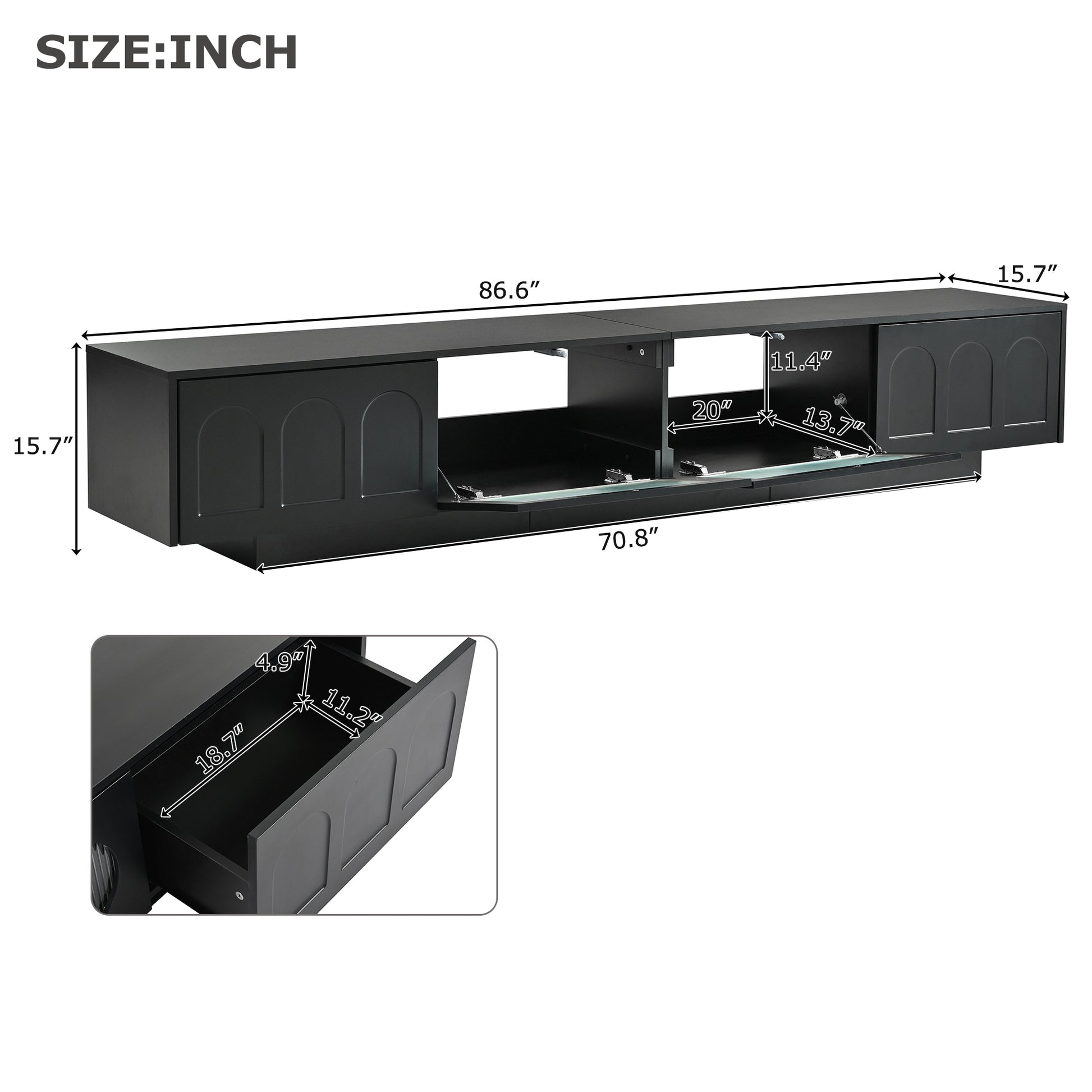 Tv Stand With Fluted Tempered Glass Doors For Tvs Up To 95'', Functional Media Console With Arched Cabinet Doors, Entertainment Center With App Controlled Led Light For Living Room, Black Black Primary Living Space 90 Inches Or Larger 90 Inches Or Larger