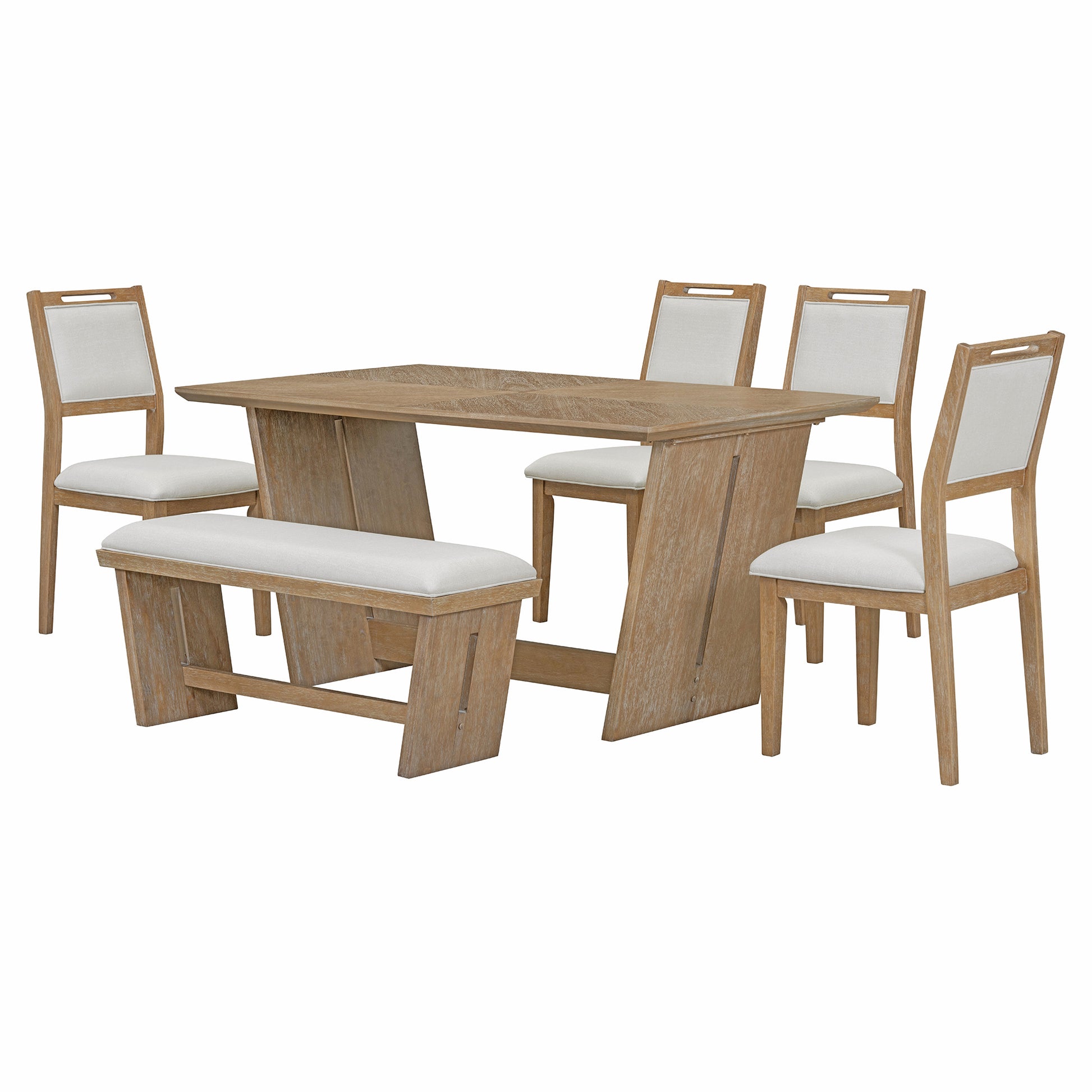 6 Piece Retro Dining Set, 1 Rectangular Table With Stable Trapezoidal Table Base And 4 Upholstered Chairs And 1 Bench For Dining Room And Kitchen Natural Wood Wash Natural Wood Wash Solid Wood Mdf