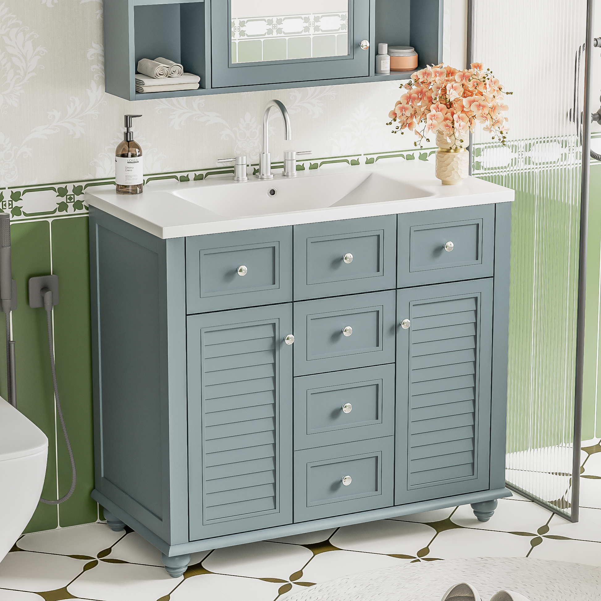 36" Bathroom Vanity Cabinet With Sink Combo Set, Undermount Resin Sink, Free Standing Vanity Set With 2 Drawers& Soft Closing Doors, Solid Wood Frame Bathroom Cabinet, Blue 2 Blue 2 Bathroom Freestanding French Country Solid Wood Mdf Resin Painted