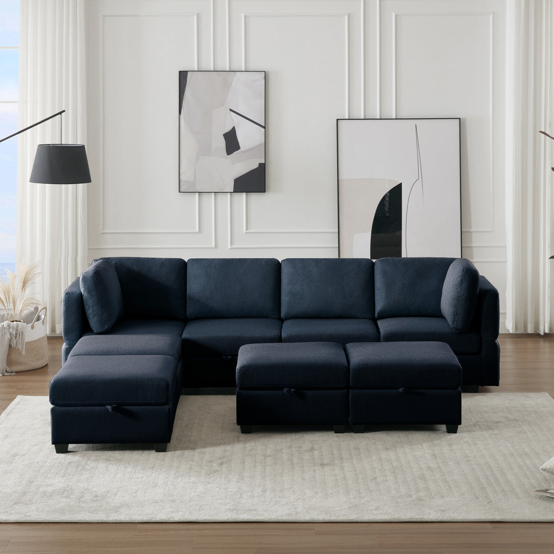 Adjustable Arms And Backs Sectional Sofa, Modern Sectional Couch U Shaped Sofa Couch With Storage Ottoman, Sofa With Convertible Chaise Blue Blue Polyester 4 Seat