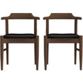 Leon Mid Century Modern Leather Dining Chair Set Of 2 Black,Wood Brown Dining Room Genuine Leather,Solid Wood