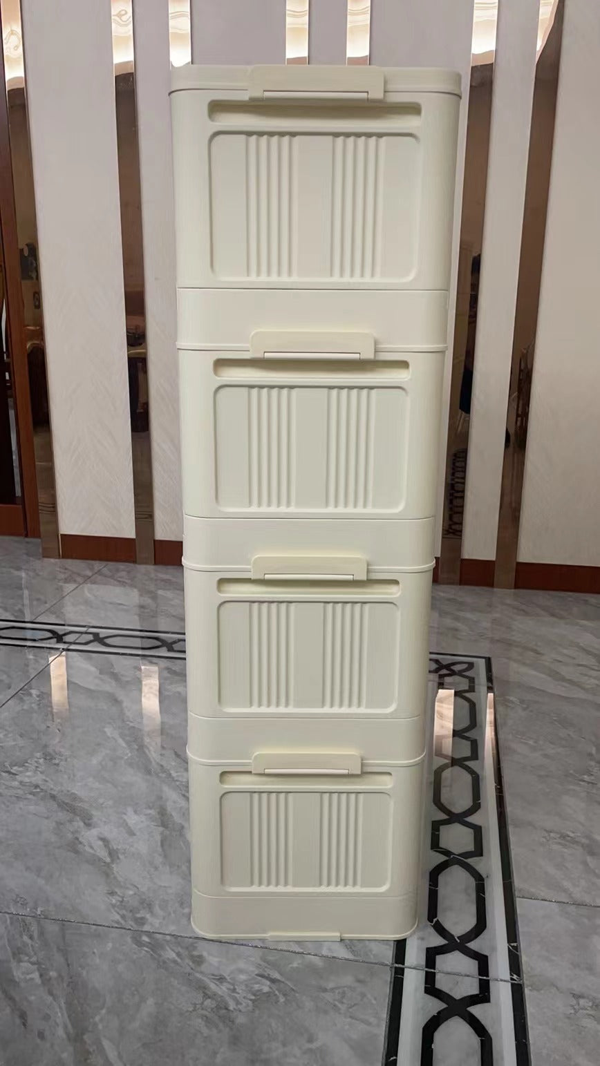 Cream White,19.69" Side Wide Folding Storage Cabinet ,4 Tiers,19.69" 11.81" 40.55",Collapsible Storage Bins With Magnetic Door, Plastic Storage Cabinet With Wheels Cream White Plastic