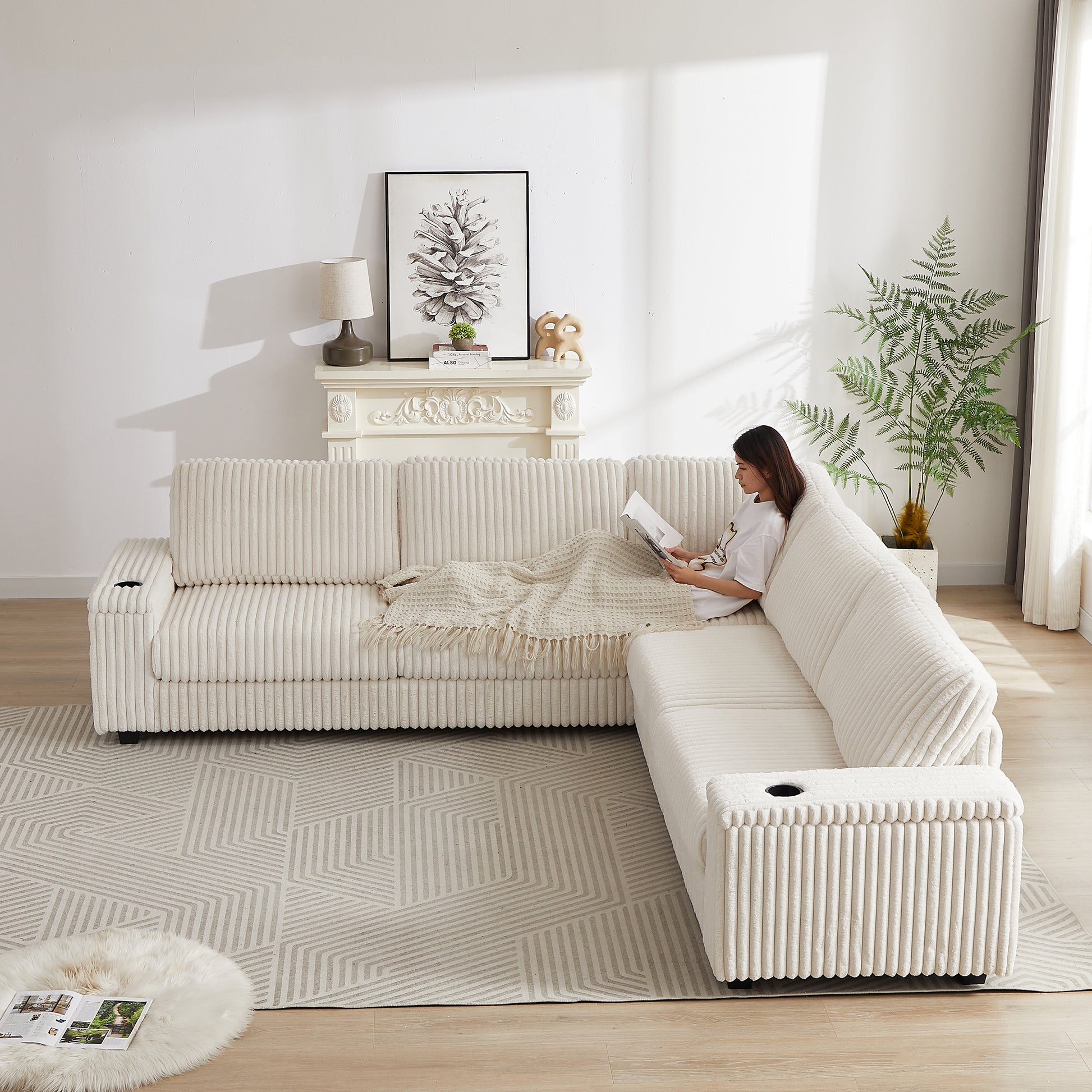 110 Inch Oversized Corduroy Corner Sofa,L Shaped Corner Couch With Two Storage Spaces,Usb Port & T Pyce Port And Cup Holderdeep Seat Comfy Upholstered Couches For Living Room Not Freely Combinable Beige Corduroy 5 Seat